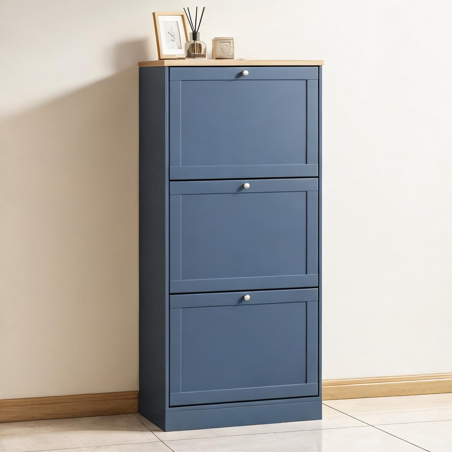 SunJet Three-Drawer Shoe Cabinet with Adjustable Shelves Classic Blue Holds 12-18 Pairs