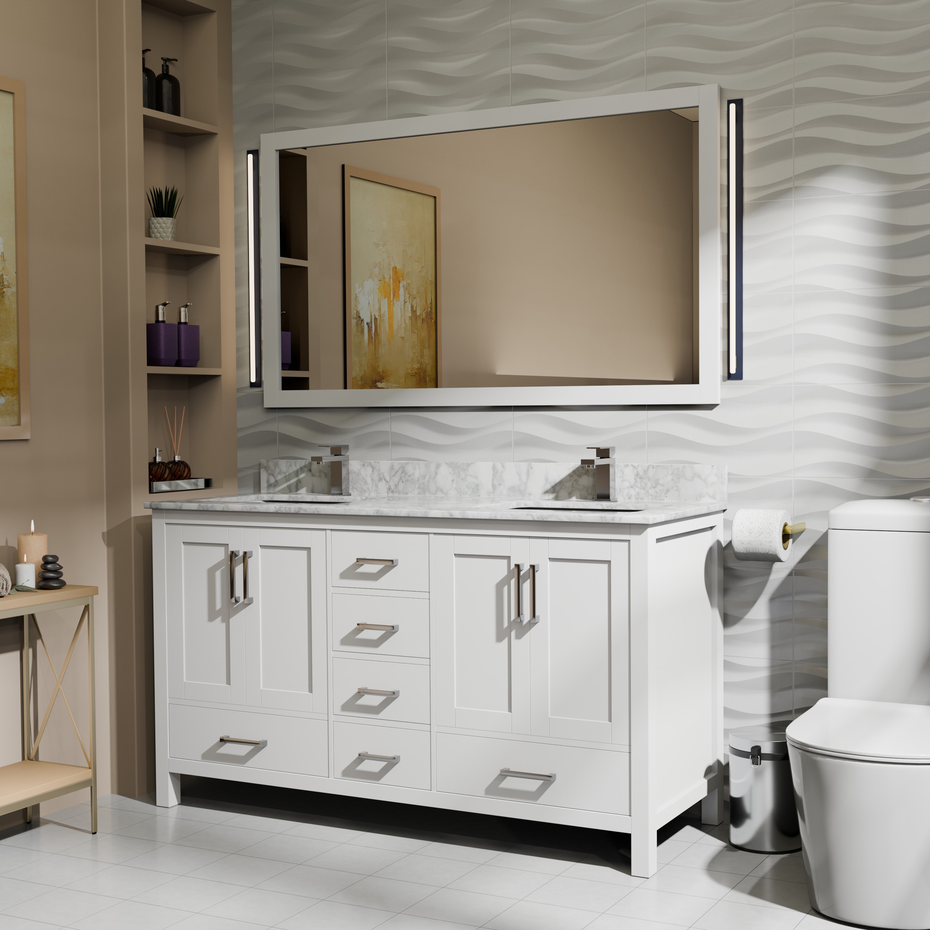 Lexora Jacques 60-in White Undermount Double Sink Bathroom Vanity with White Carrara Marble Top (Faucet Included) (Fully Assembled)
