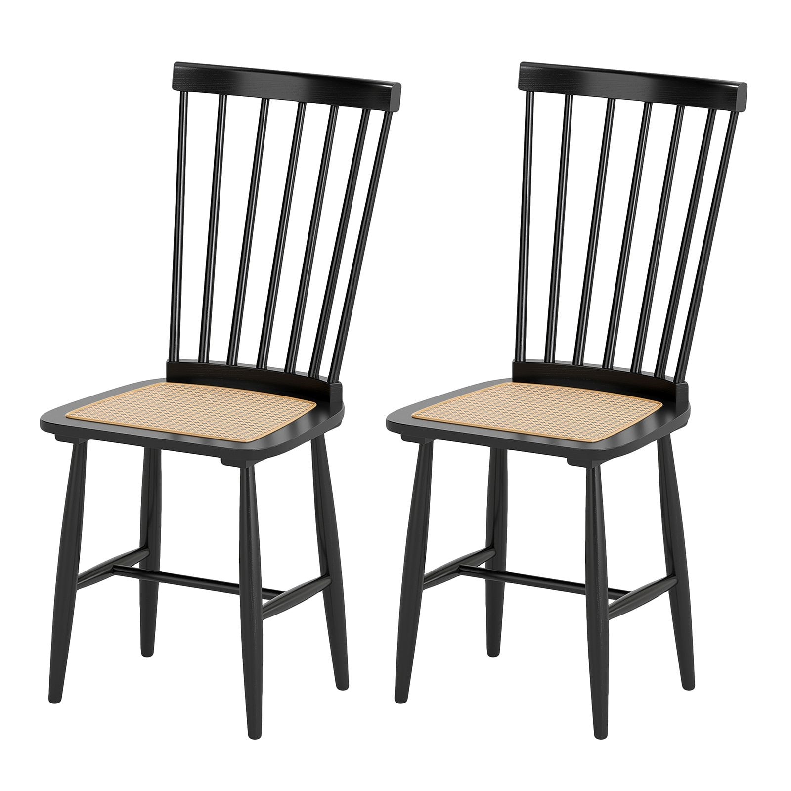 Slickblue - Set of 2 Farmhouse Dining Chairs with Rubber Wood Frame Rattan Seat and Spindle Back ...