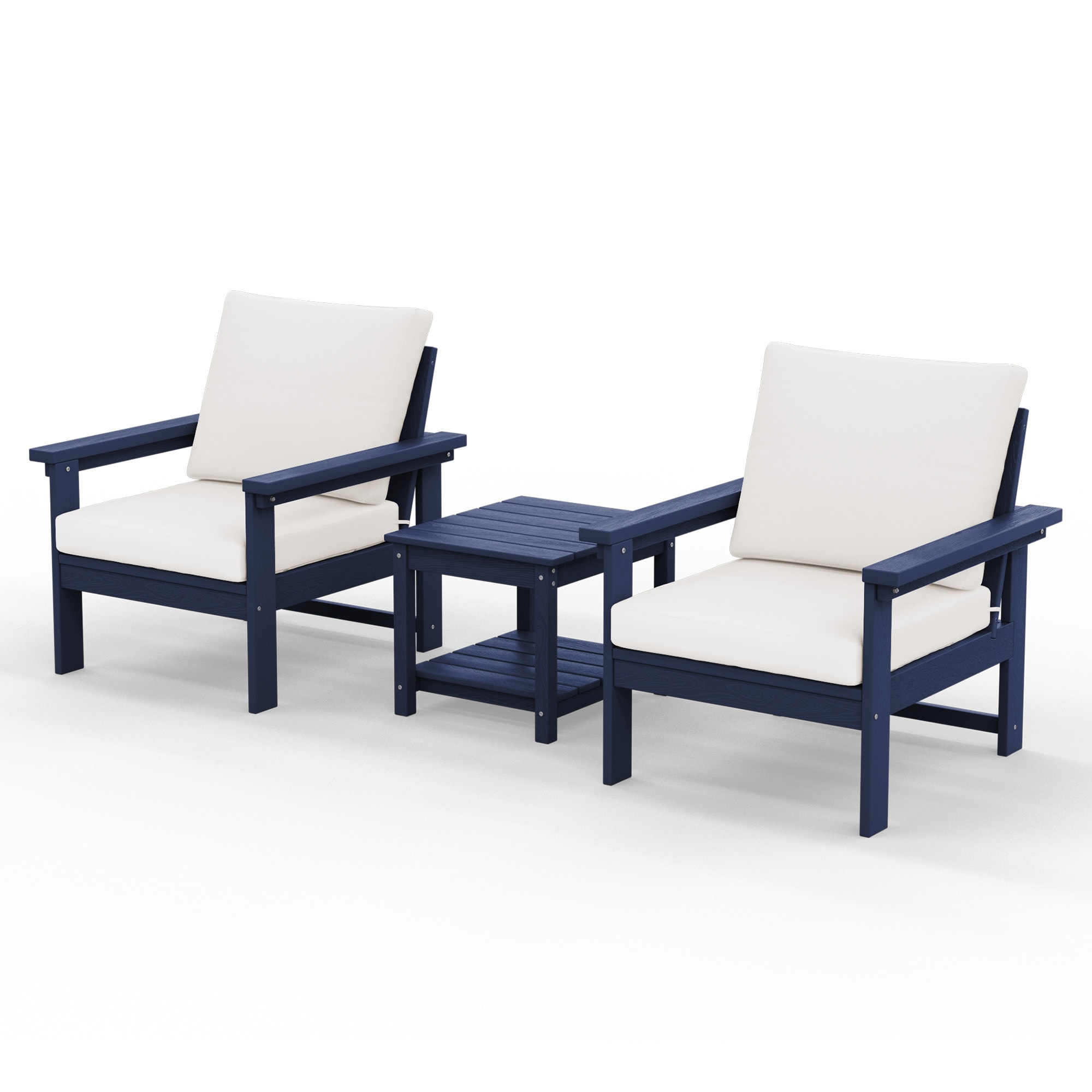 JEAREY PEZHSF03-BJ-NK HDPE Outdoor Conversation Set with Two Cushioned Single Chairs Side Table 3 -Piece Patio Conversation Set with Beige Cushions