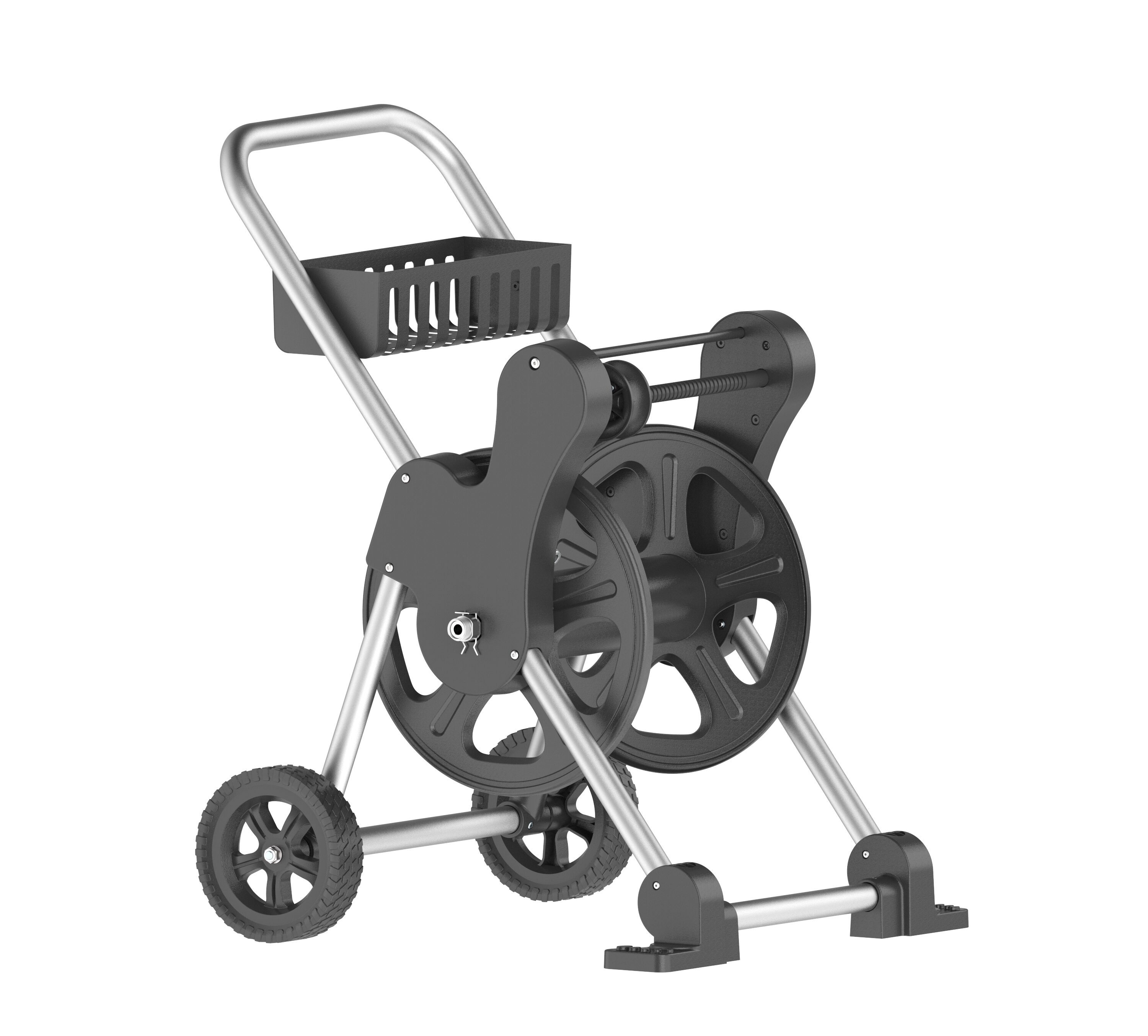 Sunneday The Sunneday Titan Mobile Hose Reel will hold up to 200 ft. of 5/8  in. hose. Hose guide Flat free 7in tires. Rust free aluminum frame. Brass  fittings. non-slip crank handle
