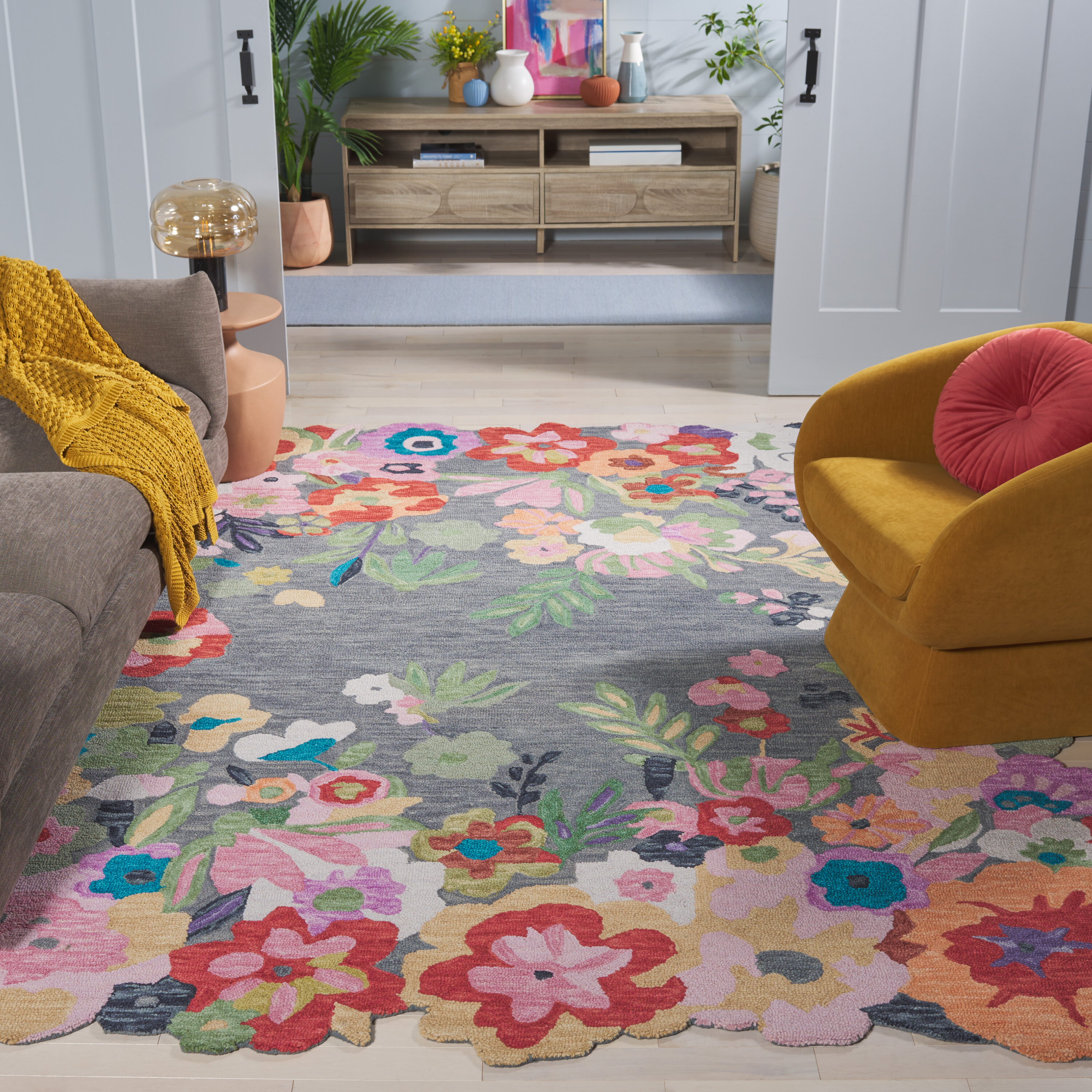 Gray/Pink Rectangular Indoor Area rug