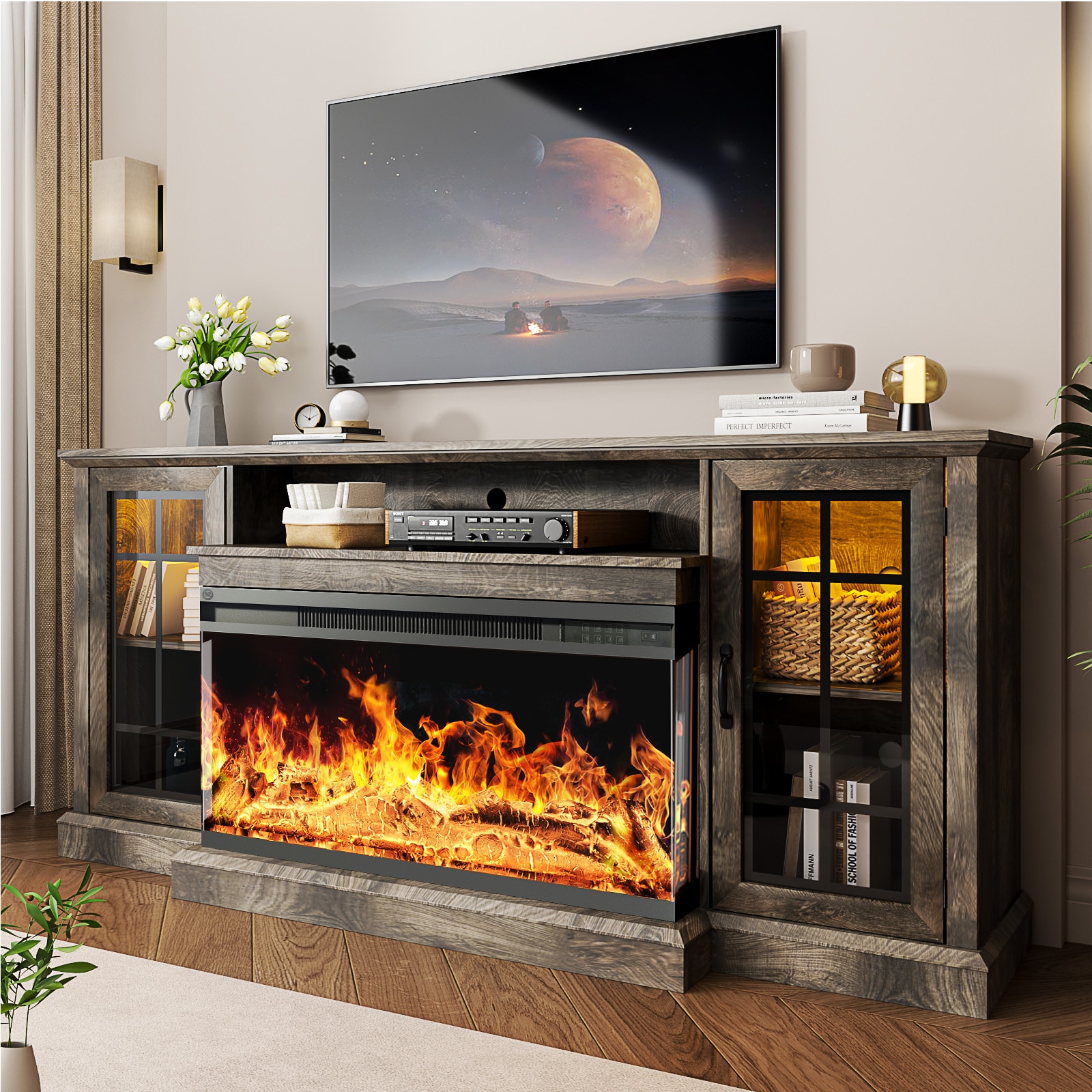 AOXUN 70-in W Gray TV Stand with LED Electric Fireplace