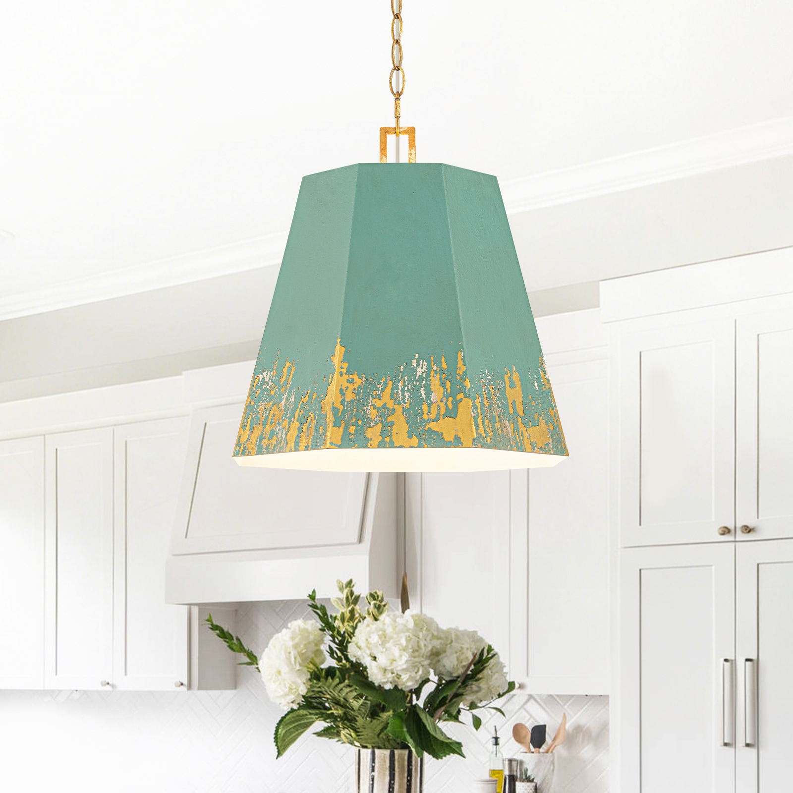 MENCOLULU Teal and Gold Hand-Distressed Finish Octagonal Cone Pendant Lighting 1 -Light Gold Farmhouse Metal Geometric Large Hanging Convertible pendant/Semi-flush Light