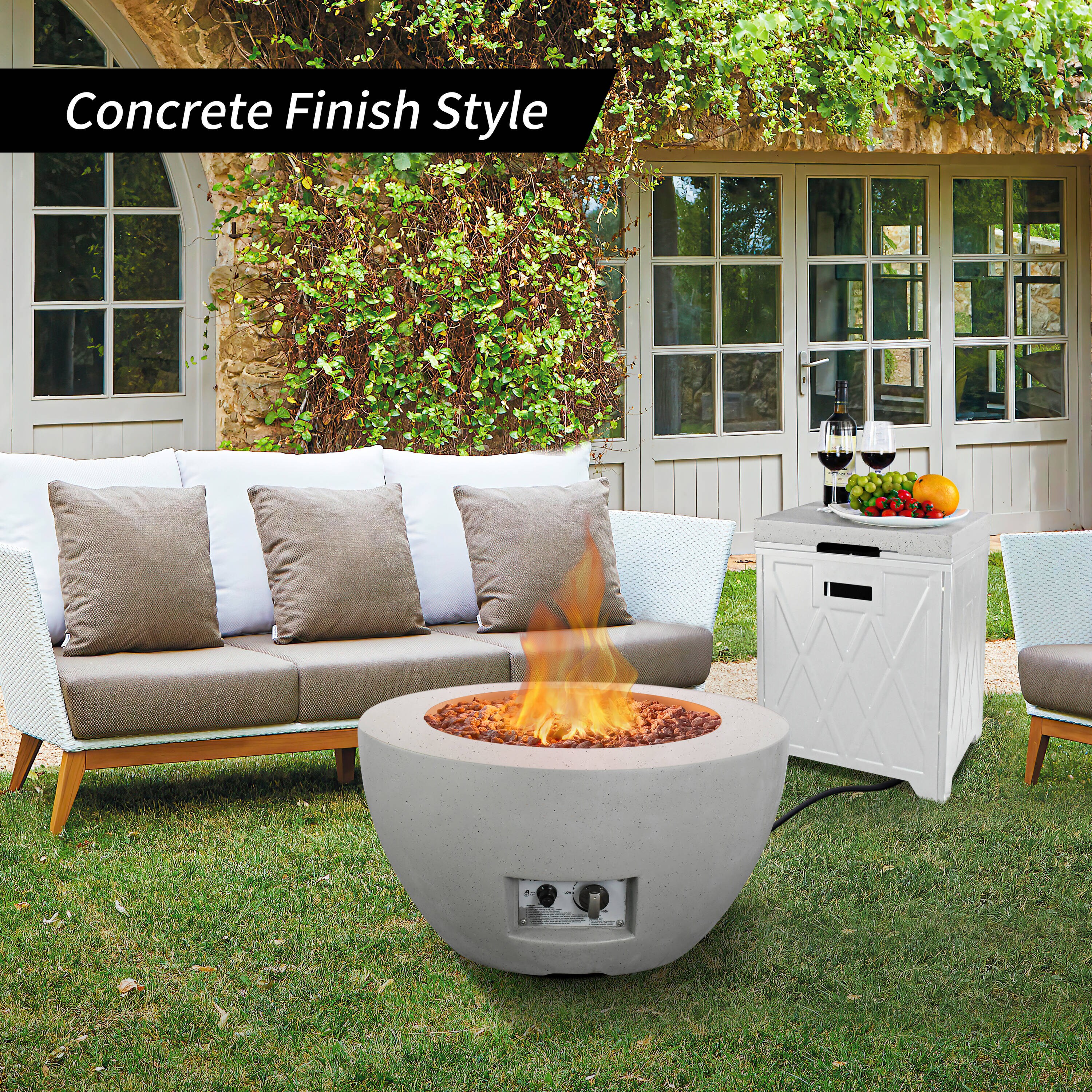 Light Gray Concrete Round Gas Fire Pit Table