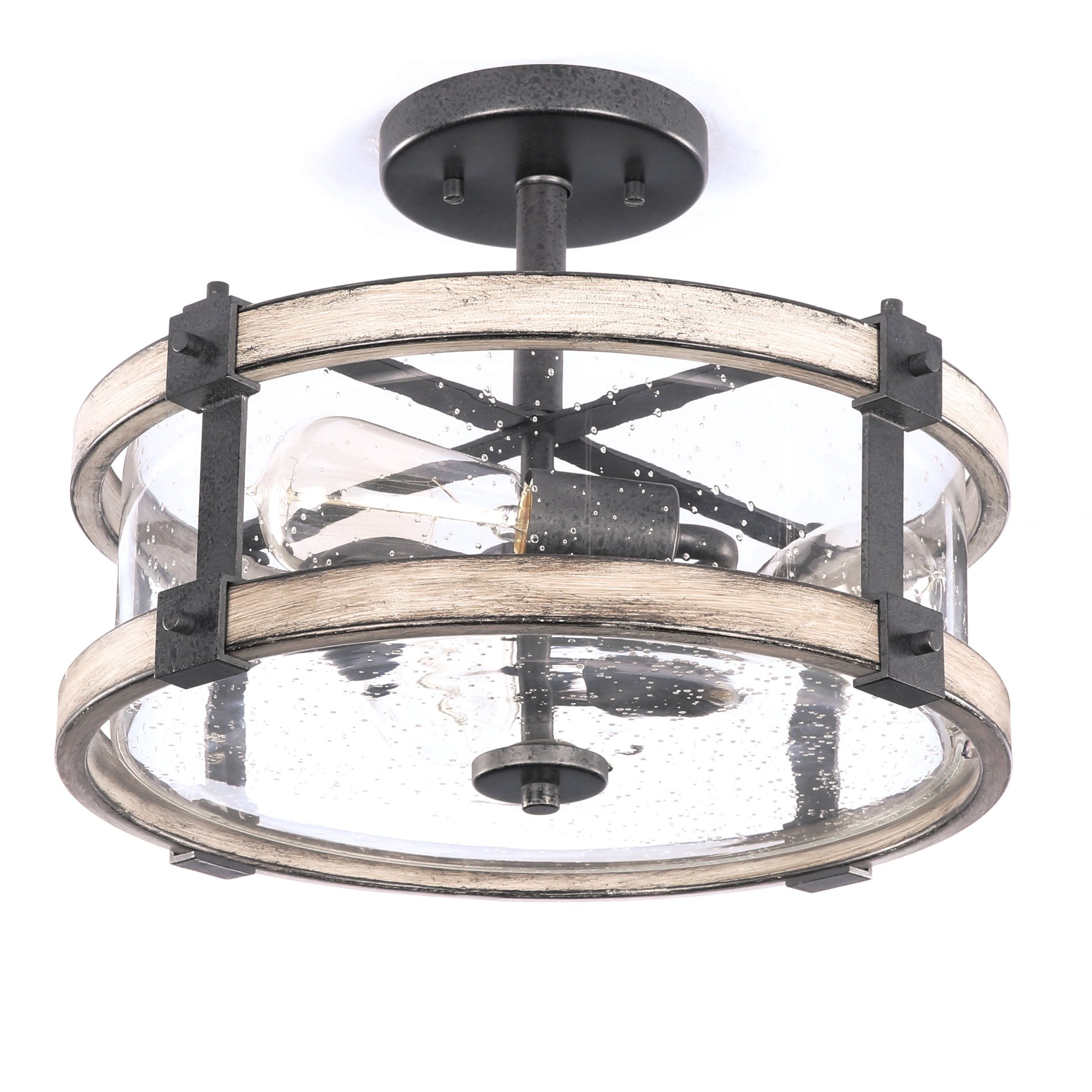 KICHLER LIGHTING Kichler Barrington 14-in Faux-Wood and Black Metal 3-Light  Incandescent Semi-Flush Mount with Clear Glass Shade 38171