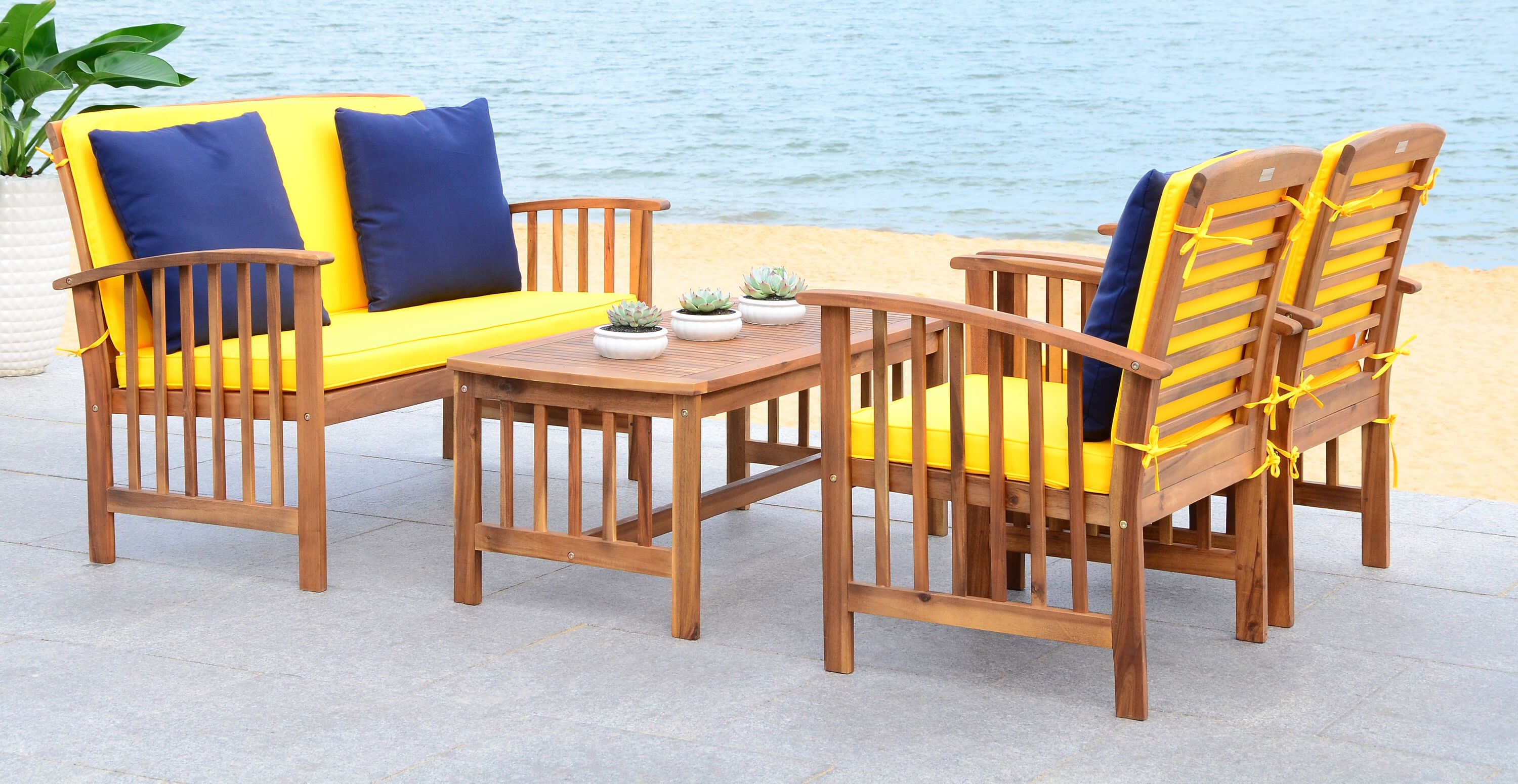 Safavieh PAT7007D Rocklin 4 -Piece Patio Conversation Set with Yellow SAFAVIEH Cushions
