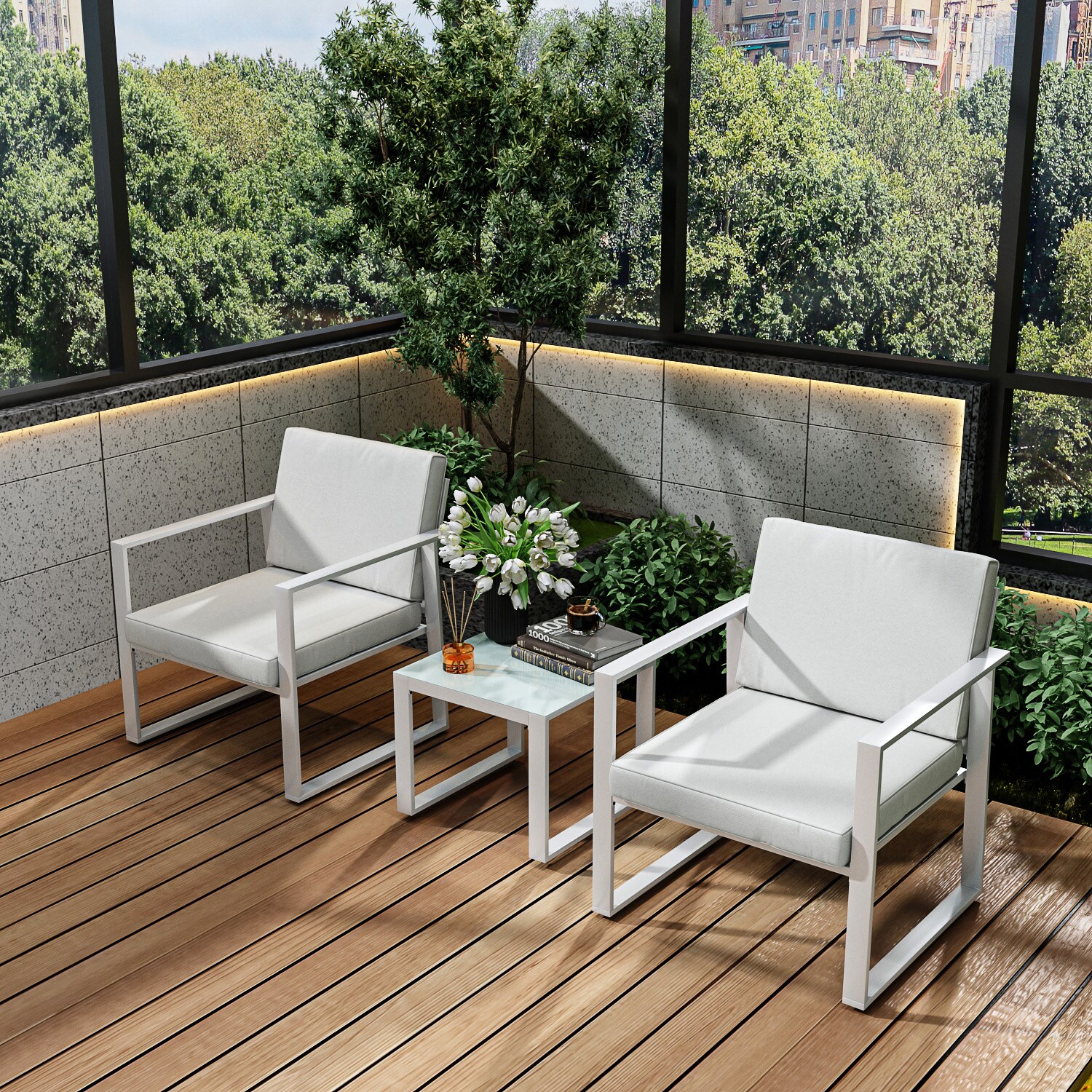 MIDHAM KF170301-01 3 -Piece Patio Conversation Set with White Cotton Cushions