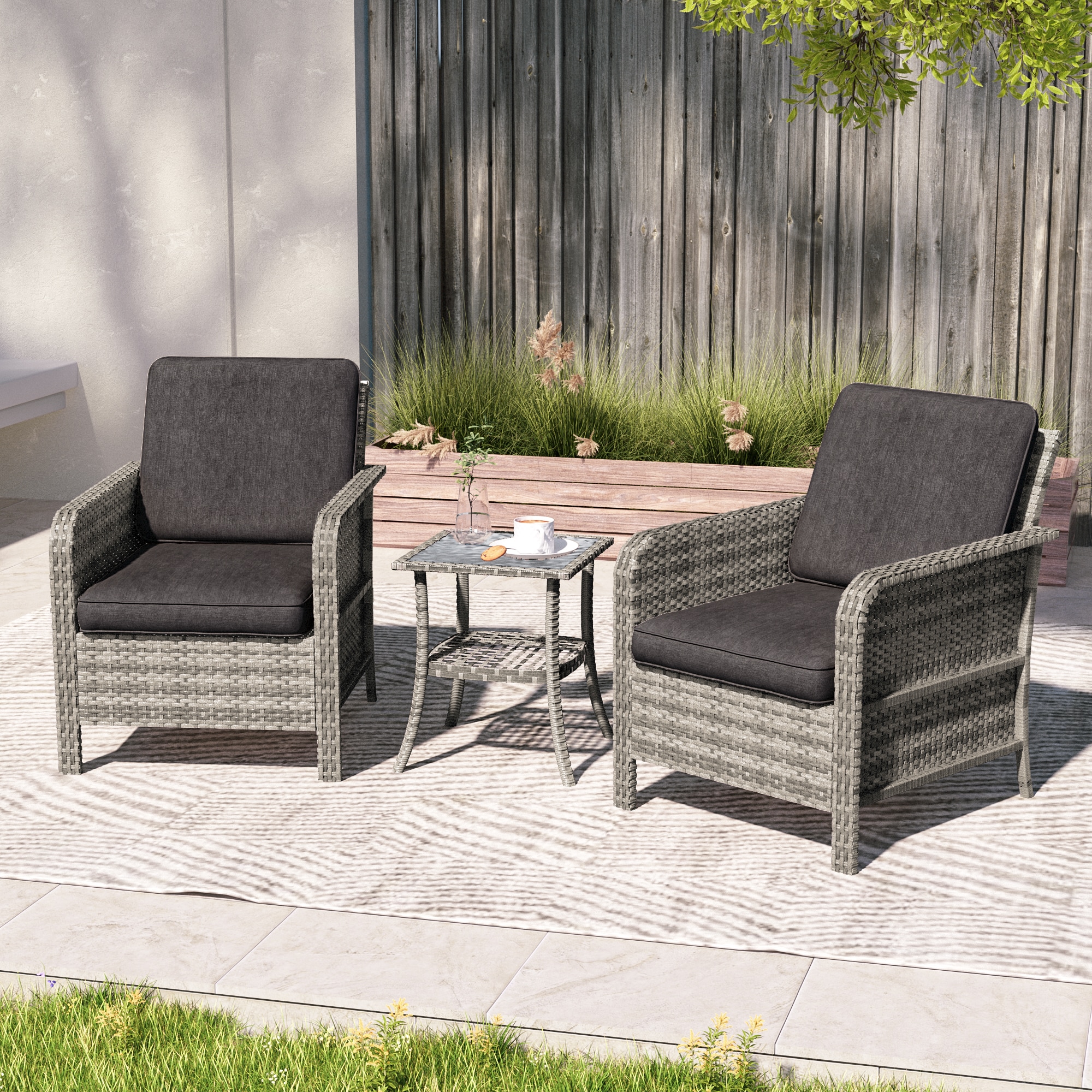 ACEGOSES LW-S2BNY-T3 3-Piece Wicker Patio Conversation Set with Black Cushions