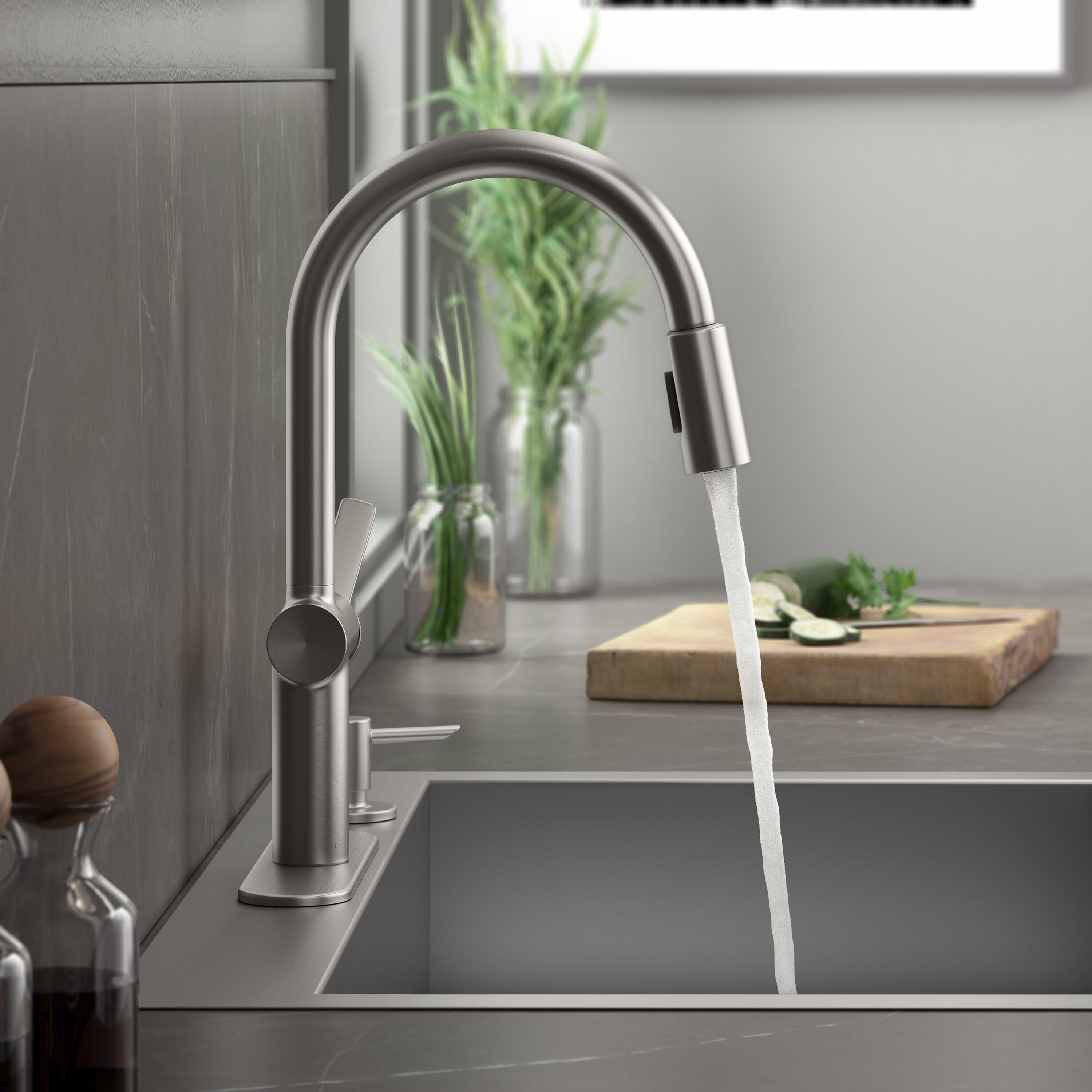 KOHLER Koi Vibrant Brushed Moderne Brass Single Handle Pull-down Kitchen  Faucet with Deck Plate and Soap Dispenser Included