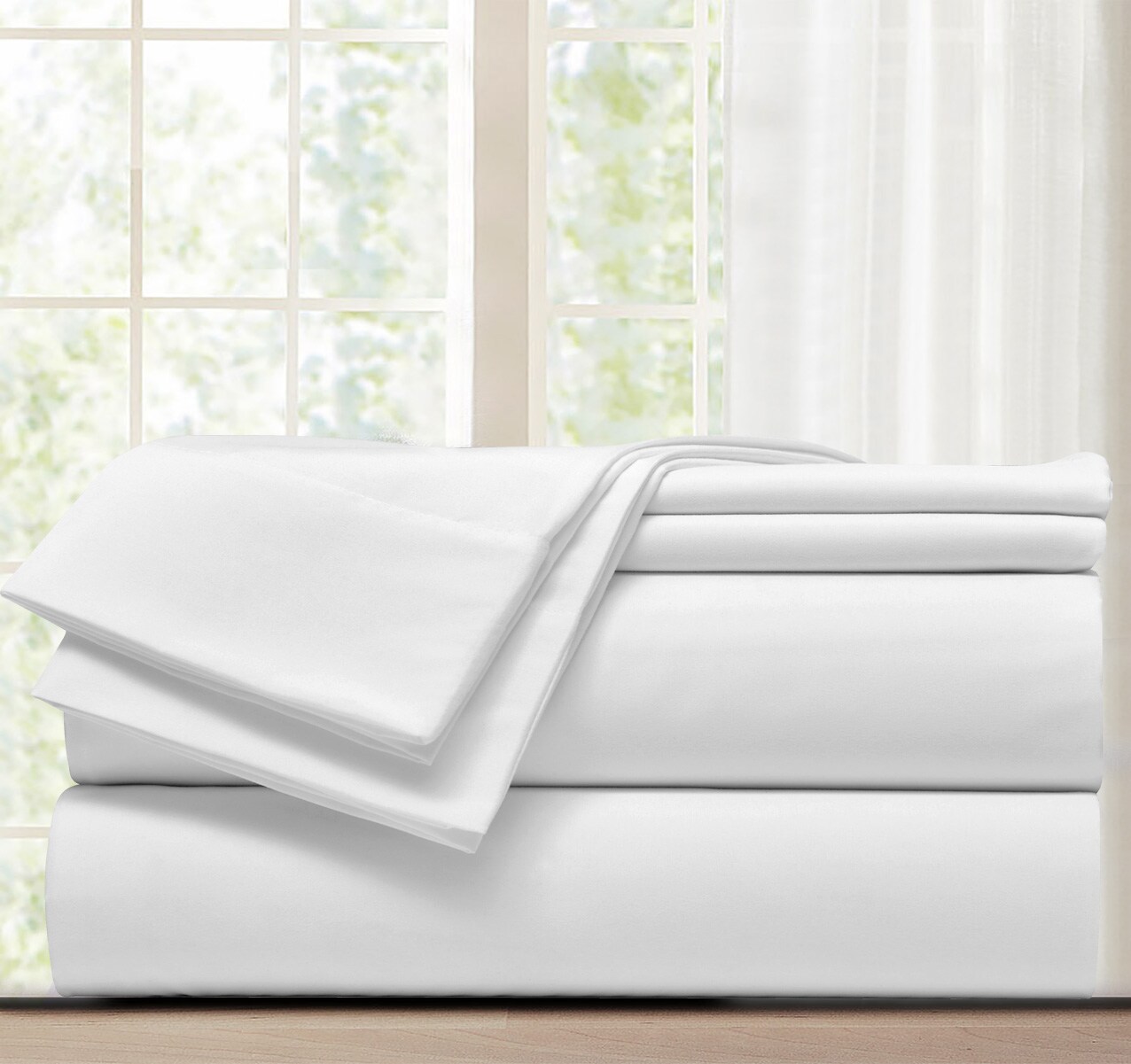Nanshing REESE-FS-Q-WHT Queen 300 -Thread Count Polyester White 4 -Piece Bed Sheet Set