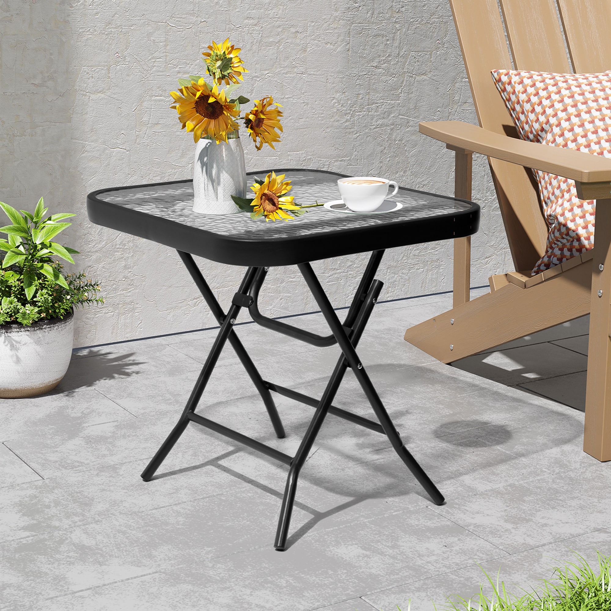 Crestlive Products 18-in Foldable Glass Top Outdoor Steel Frame Side Square Outdoor End Table 17.6-in W x 17.6-in L