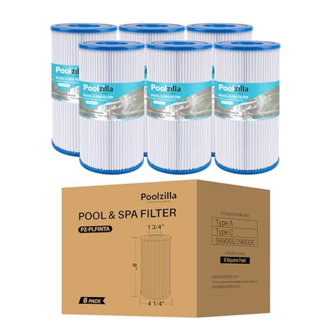 Poolzilla PZ-INTA-6PC 6 Pack Pool Filter Cartridge for Type A or C Compatible with Intex 29000E and 59900E Easy Set Pool Filters Summer Escapes or Summer Waves Above Ground Pools