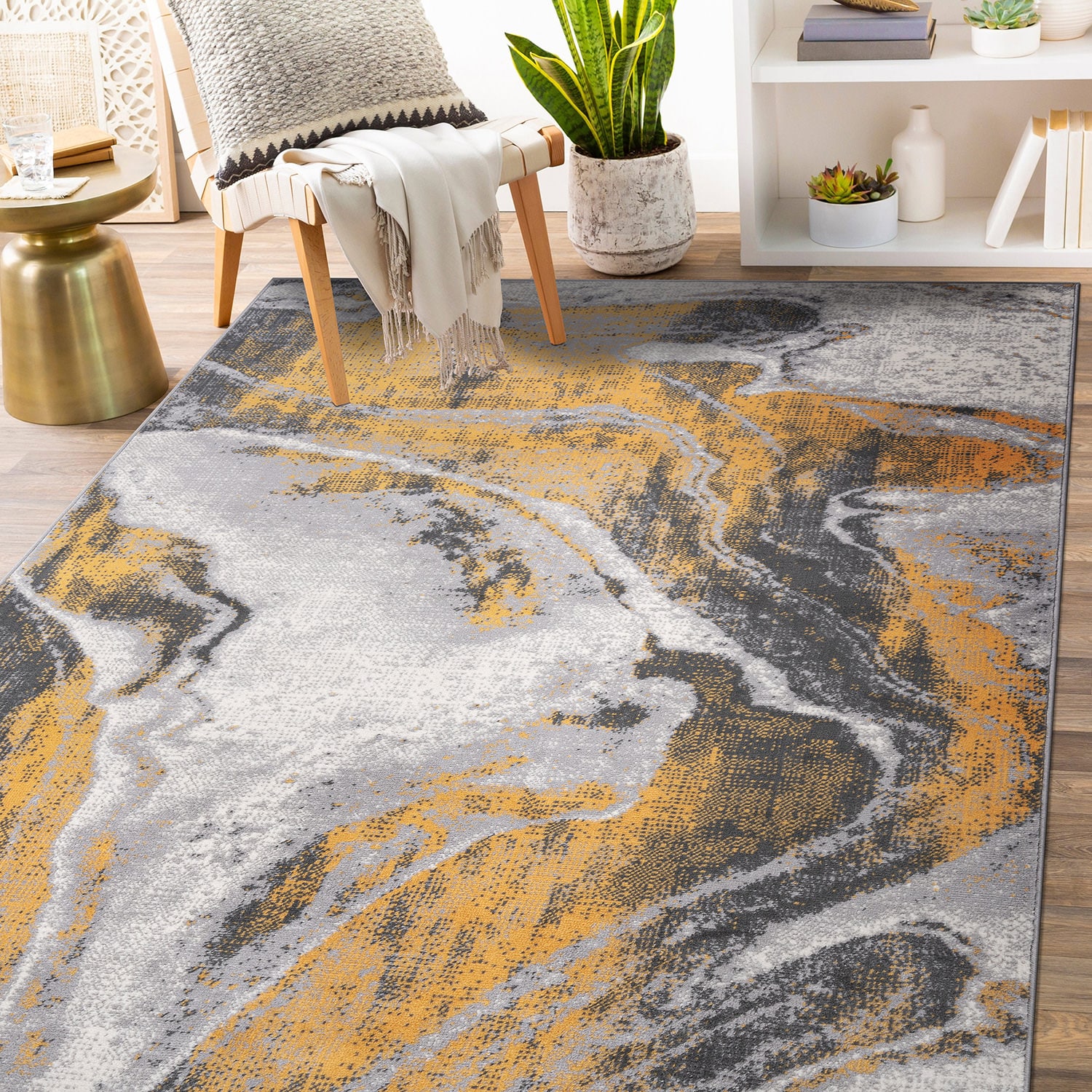 World Rug Gallery 2091YELLOW5X7 5 x 7 (ft) Loomed Polypropylene Yellow Rectangular Indoor Distressed/Overdyed Area rug