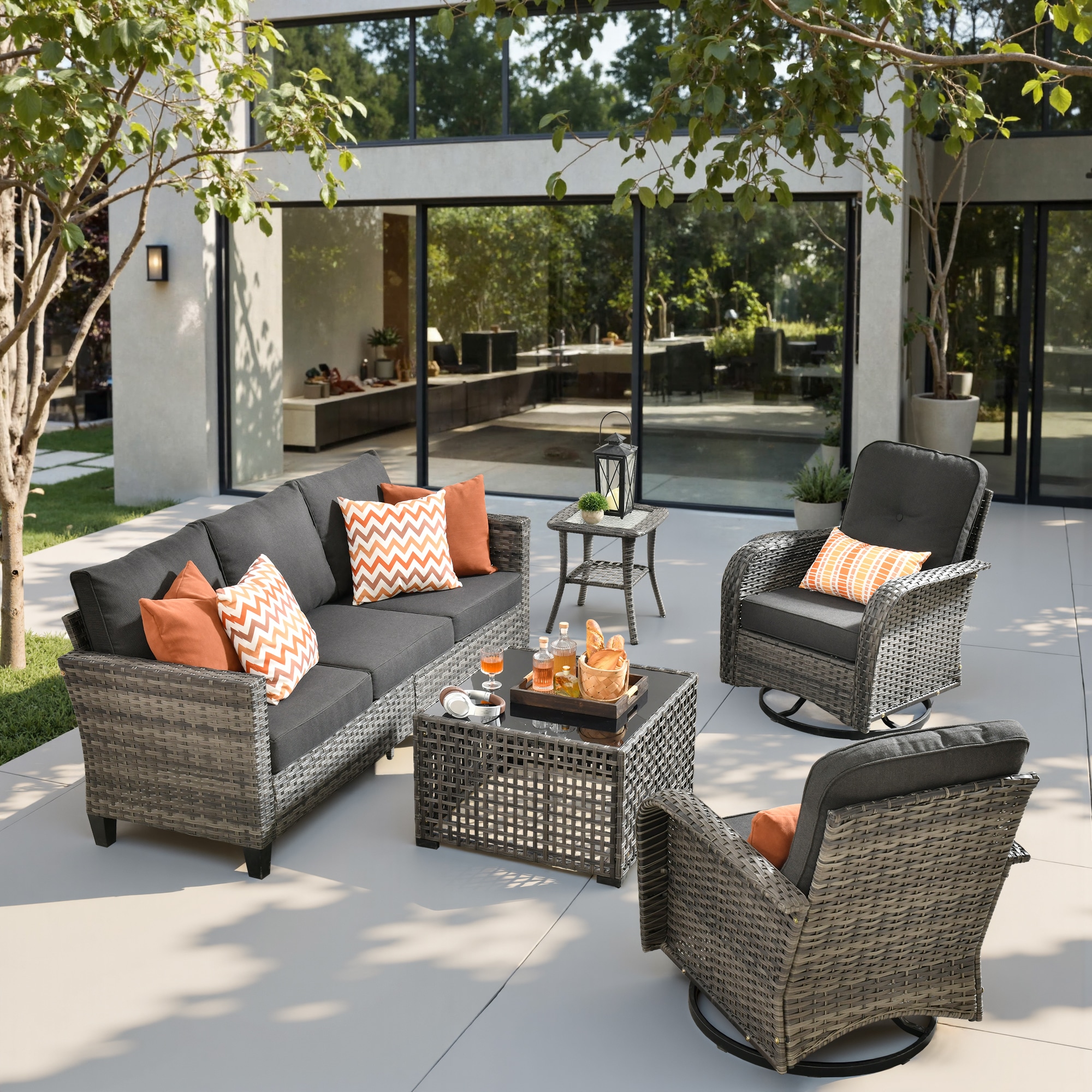 weaxty HMBYZGNCNGRS100S51 Initial 5 -Piece Wicker Patio Sofa Conversation Set with Black Cushions