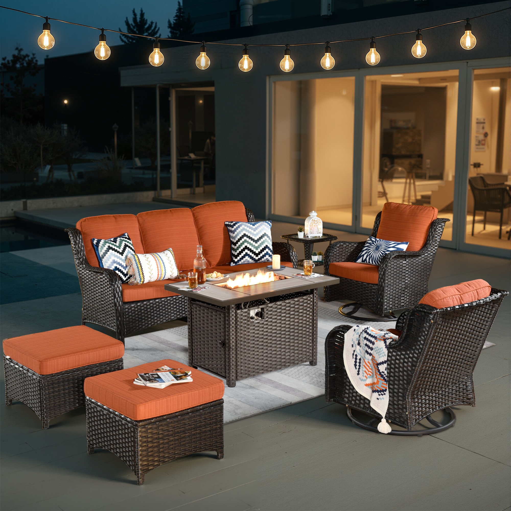 Pouuin SRFPNTC80-7 7 -Piece Wicker Patio Sofa Conversation Set with Orange Cushions
