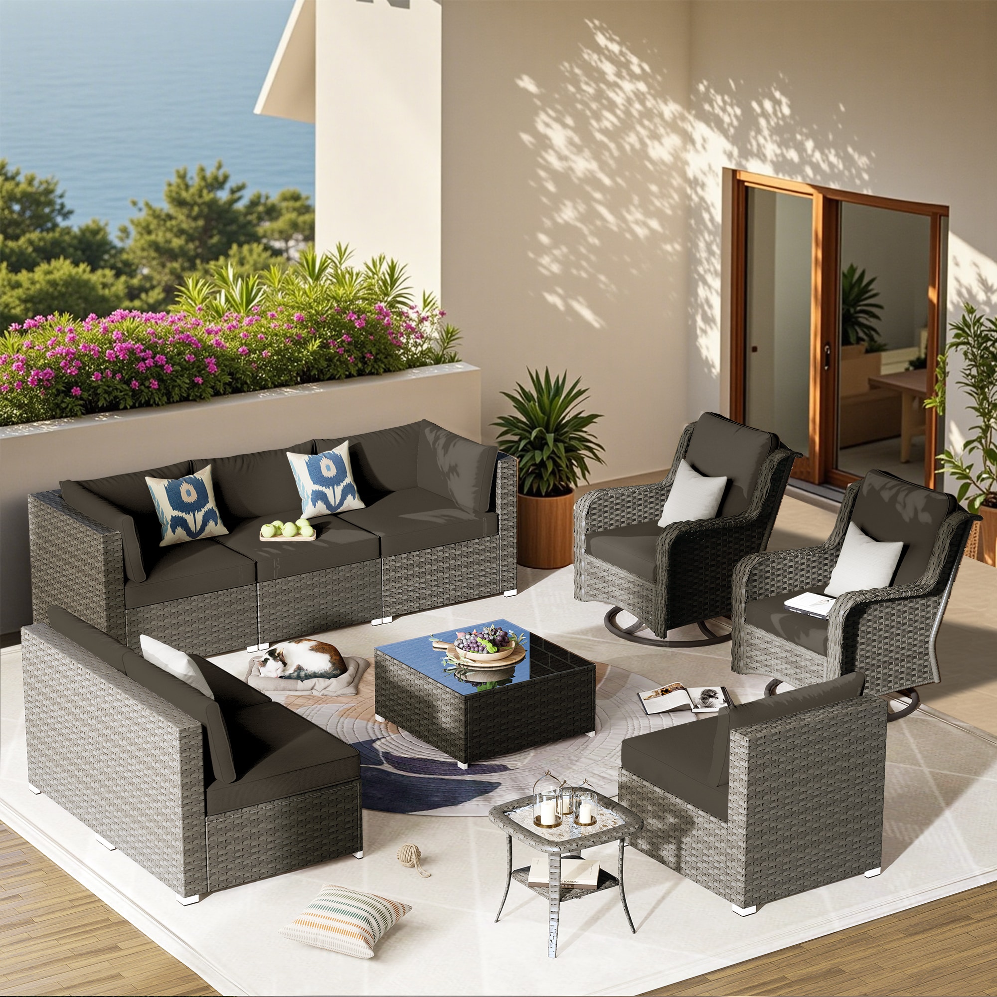 XIZZI XIHOP10L5 Sunrise 10 -Piece Rattan Patio Sofa Conversation Set with Black Cushions