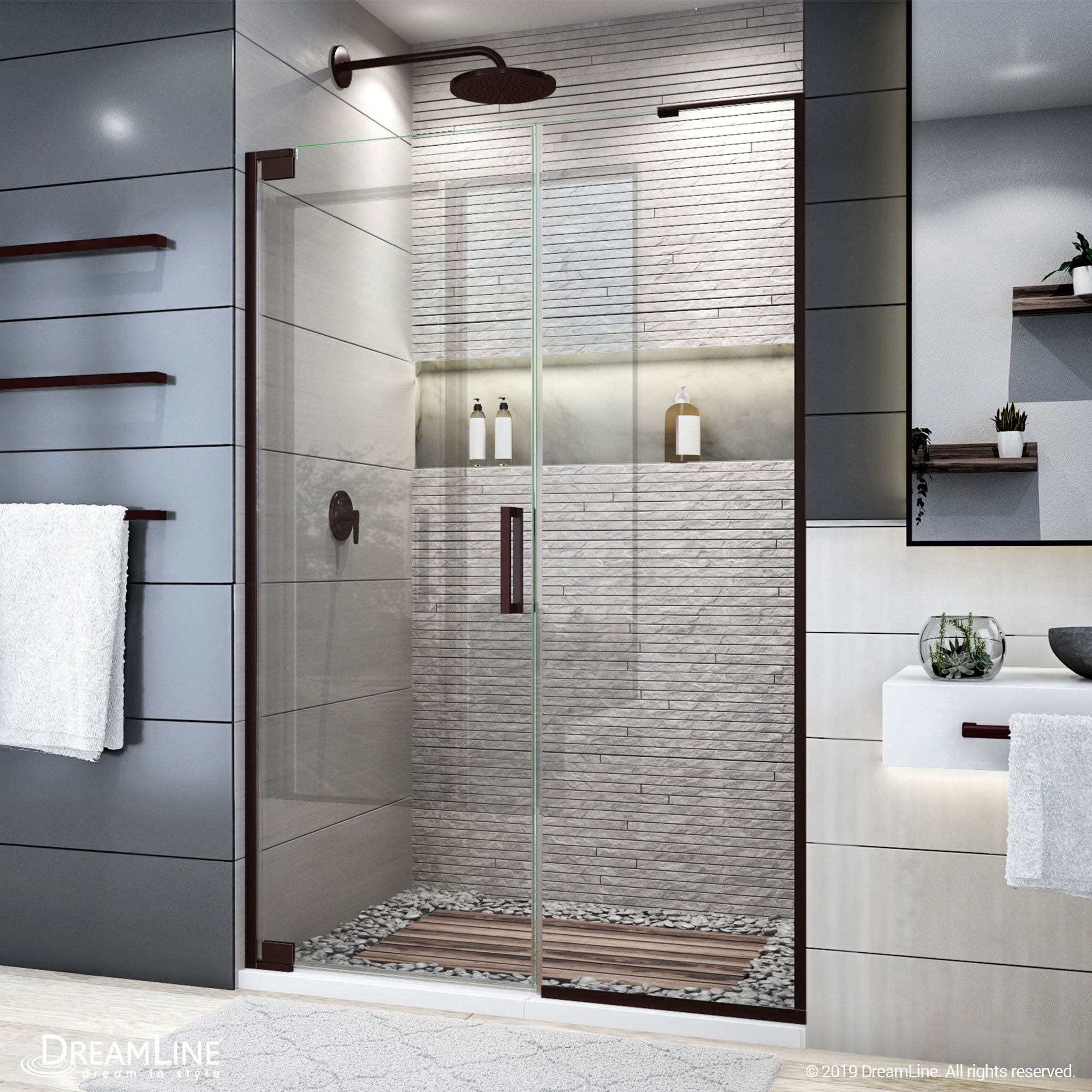 DreamLine SHDR-4452225-06 Elegance Plus Oil Rubbed Bronze 51-3/4-in to 52-1/2-in W x 72-in H Frameless Pivot Shower door 3/8-in Thick Clear Glass