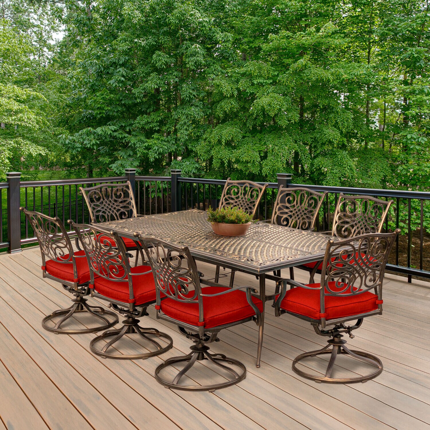 Hanover 9-Piece Bronze Aluminum Outdoor Dining Set with Red Cushions