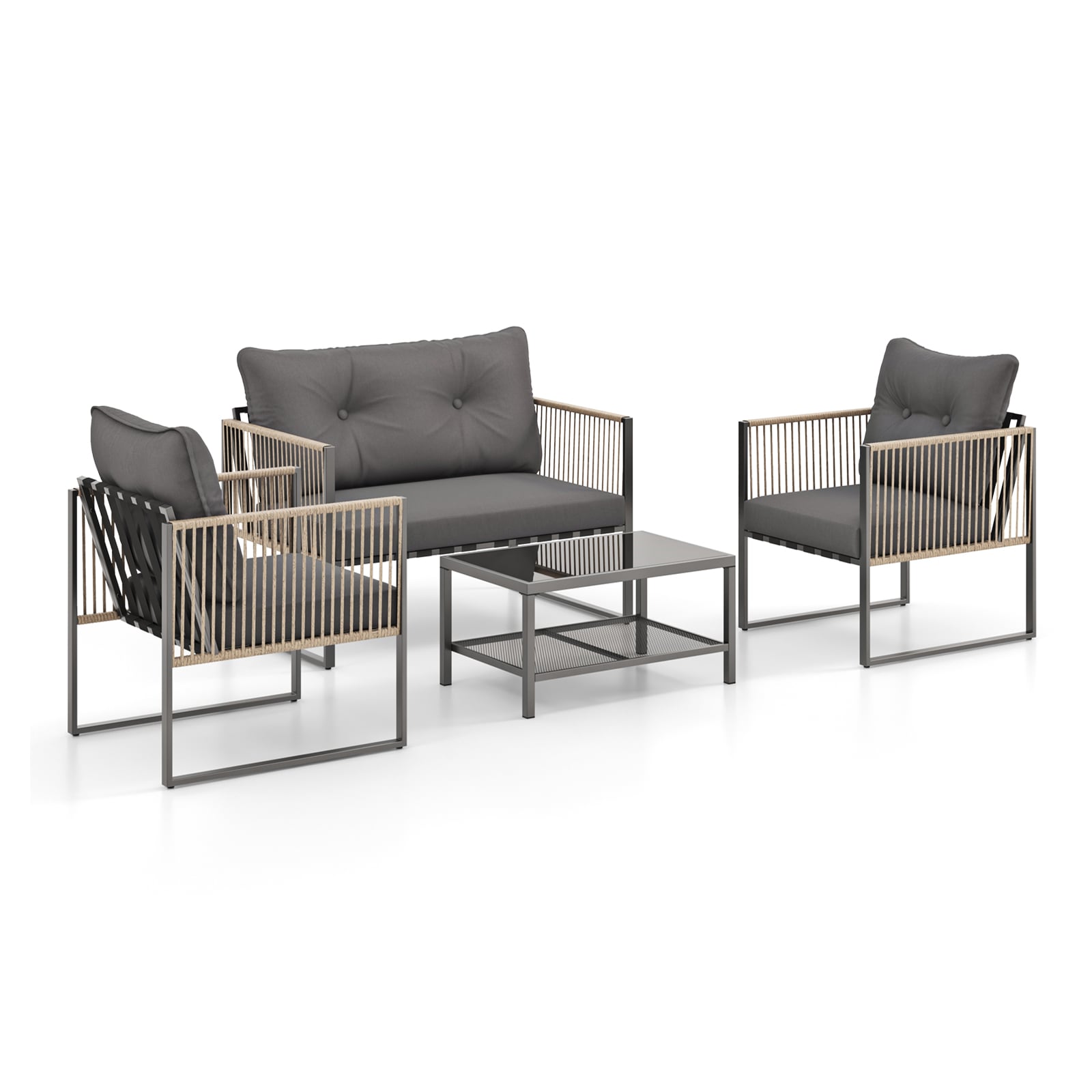Ayelon 005GRLW4KNP12 4 -Piece Wicker Patio Conversation Set with Gray Cushions