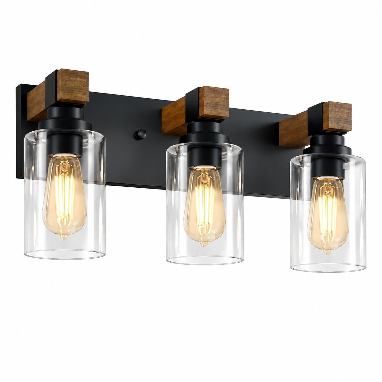 Aoibox -  Farmhouse 3 Light Bathroom Vanity Light with Wood Backplate Black Metal Frame and Clear...