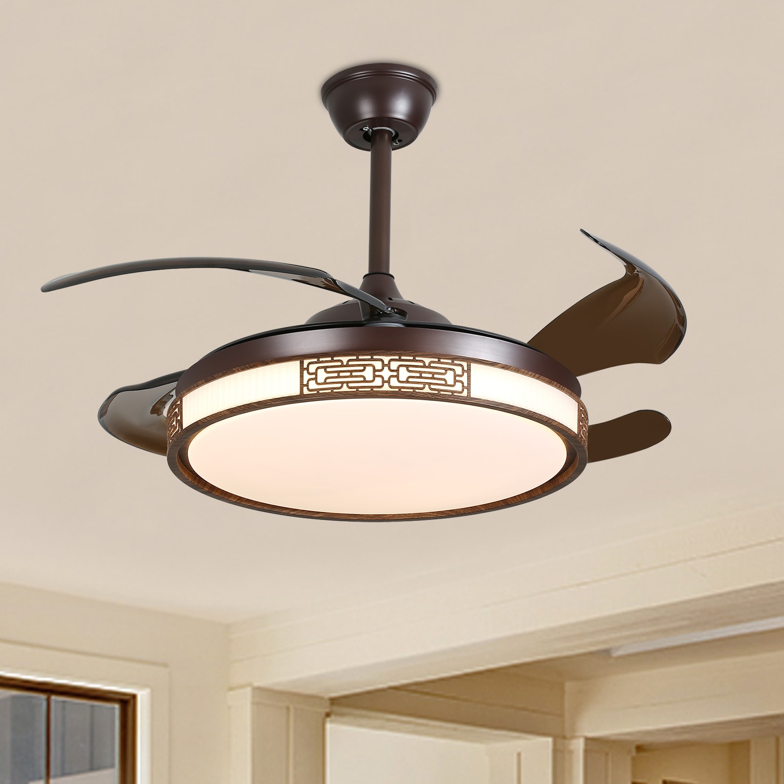 Oukaning JZUCOD-01300099 42-in Color-Changing Integrated LED Coffee with ABS Blades Chandelier Ceiling Fan With Light - Remote Included ( 4 -Blade )