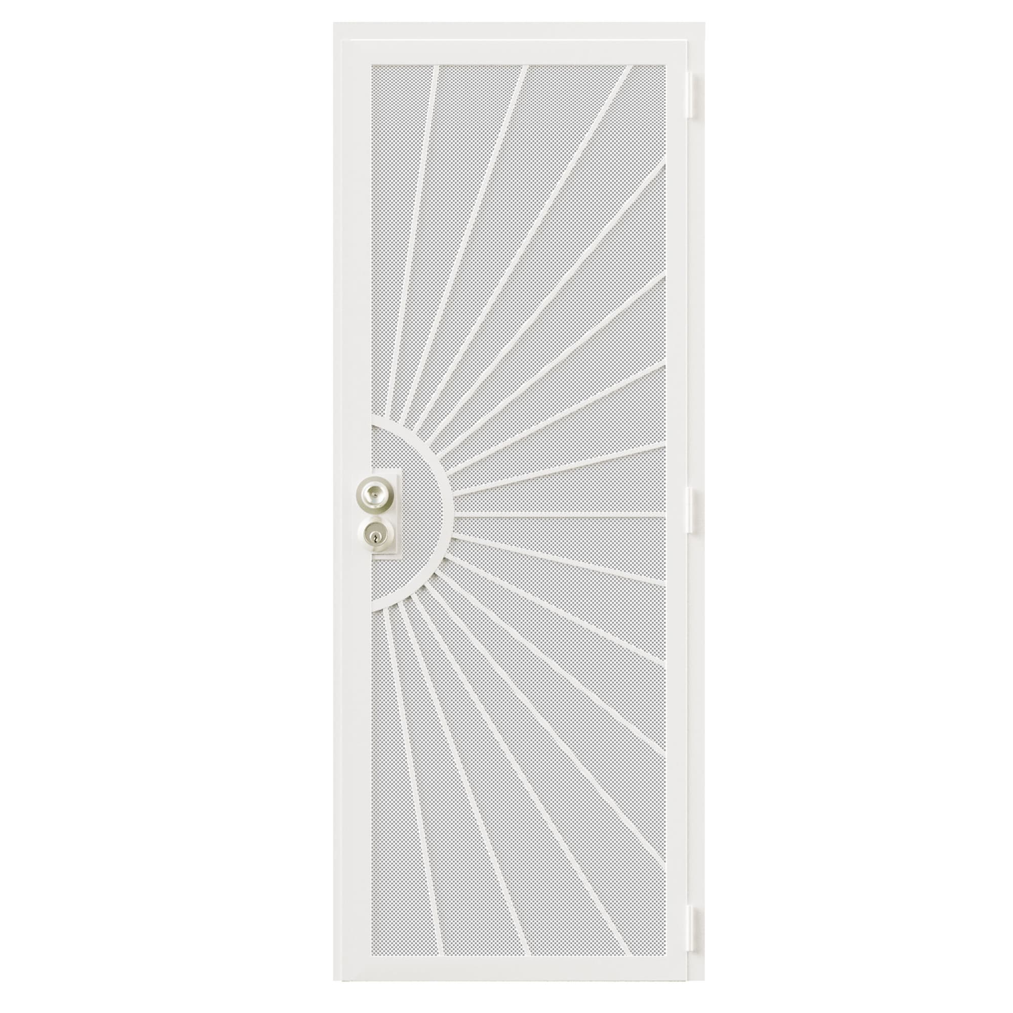 JUJUBON EX-SECDSD-WTTY-L-32 Security door 32-in x 80-in White Steel Recessed or surface mount Universal/Reversible Security Door with White Screen and Lockset included