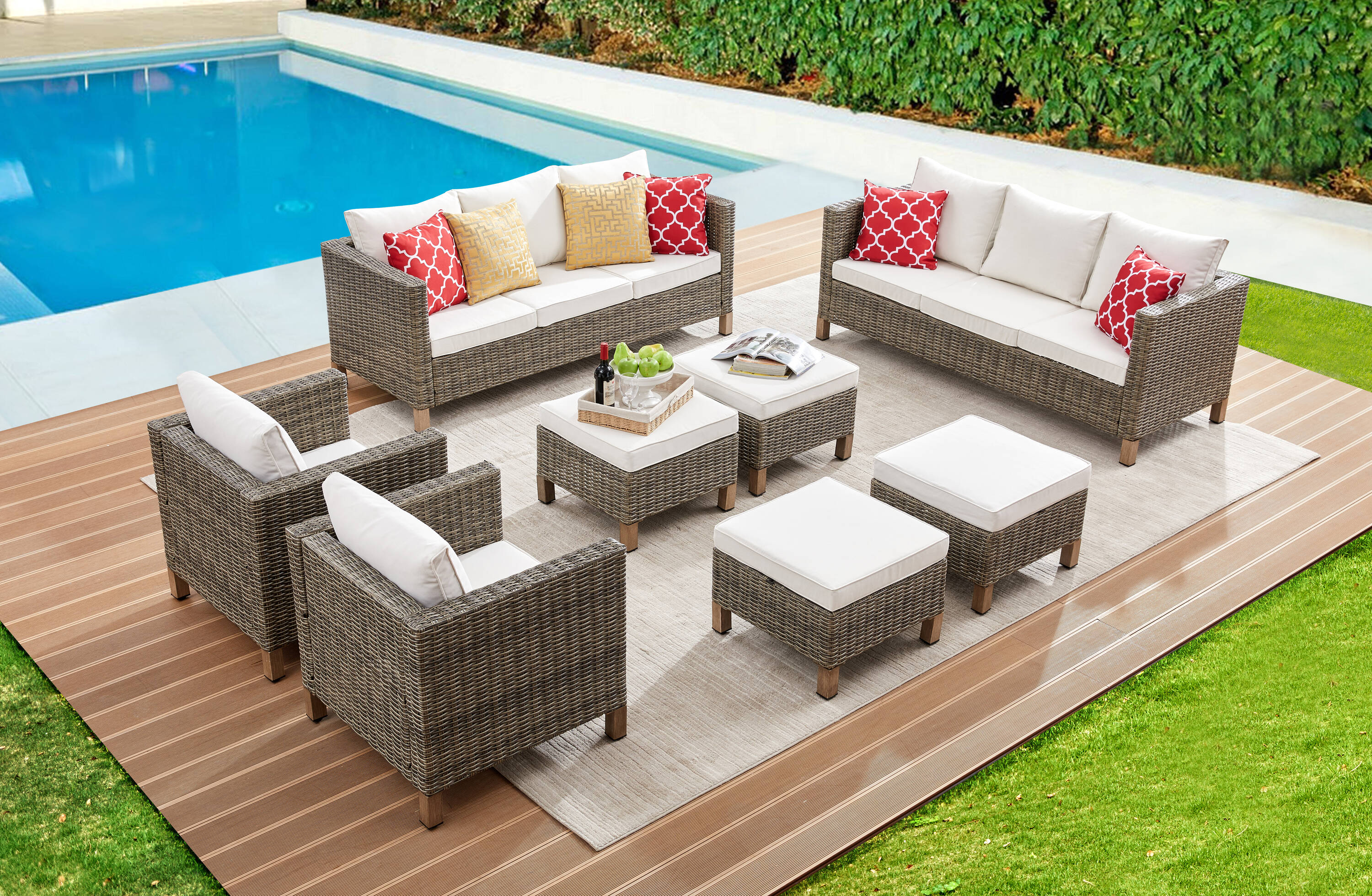 EDYO LIVING SMX05-BG 8 -Piece Wicker 2 Patio Sofa Conversation Set with Off-white Cushions