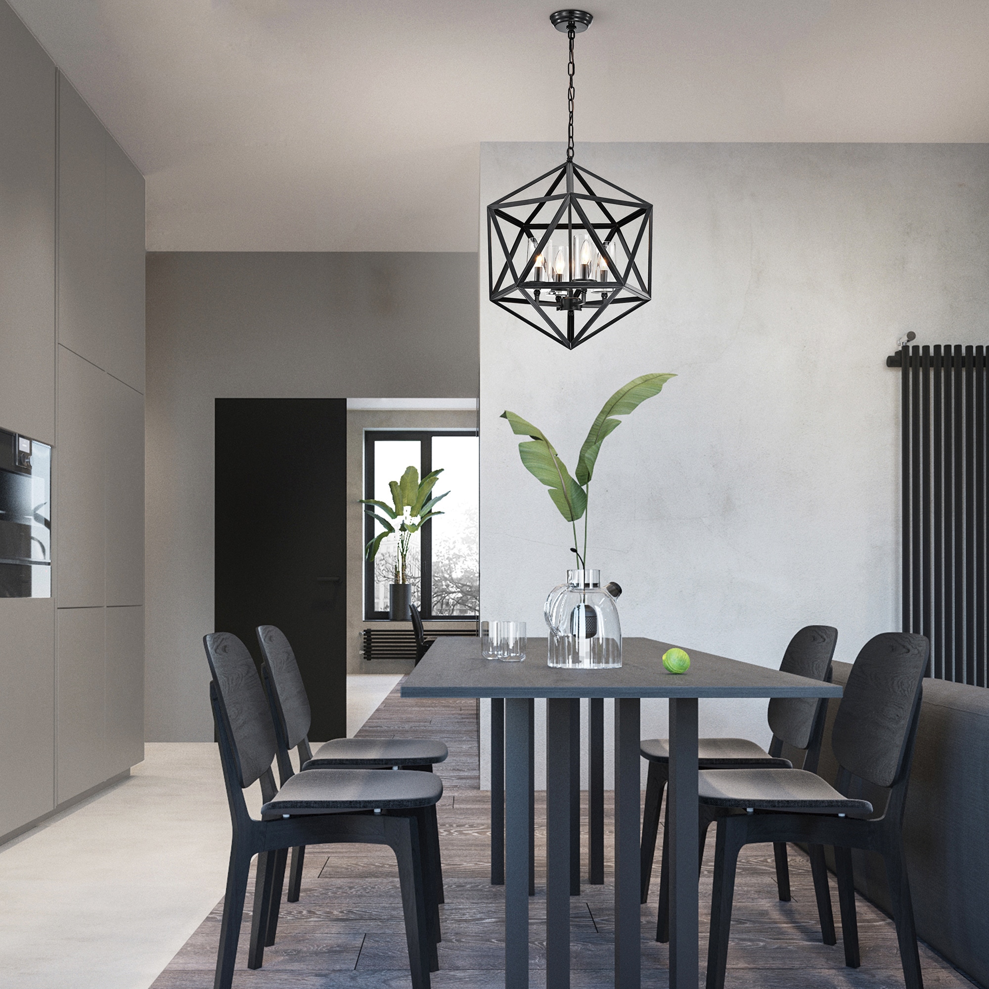 Antique Black Geometric Cage Chandelier with Glass Shades