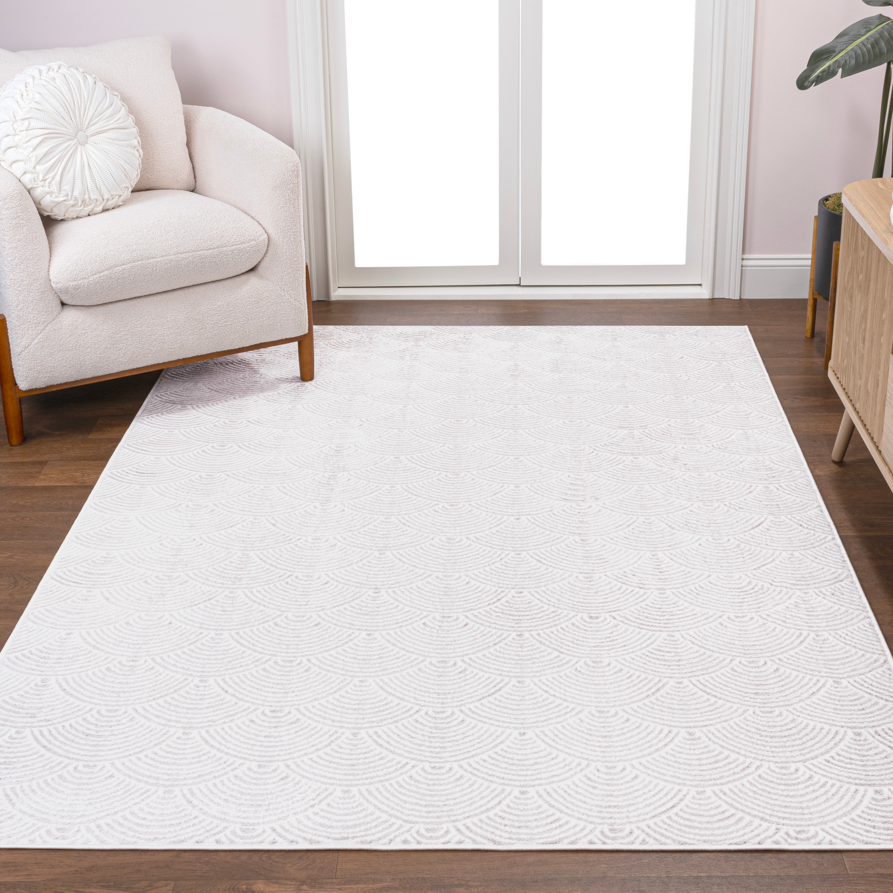 JONATHAN  Y CAR100B-4 CARMEL Porter Art Deco Fan Pattern High-Low 4 x 6 (ft) Loomed Polyester White/Light Gray Rectangular Indoor Geometric Vintage Area rug