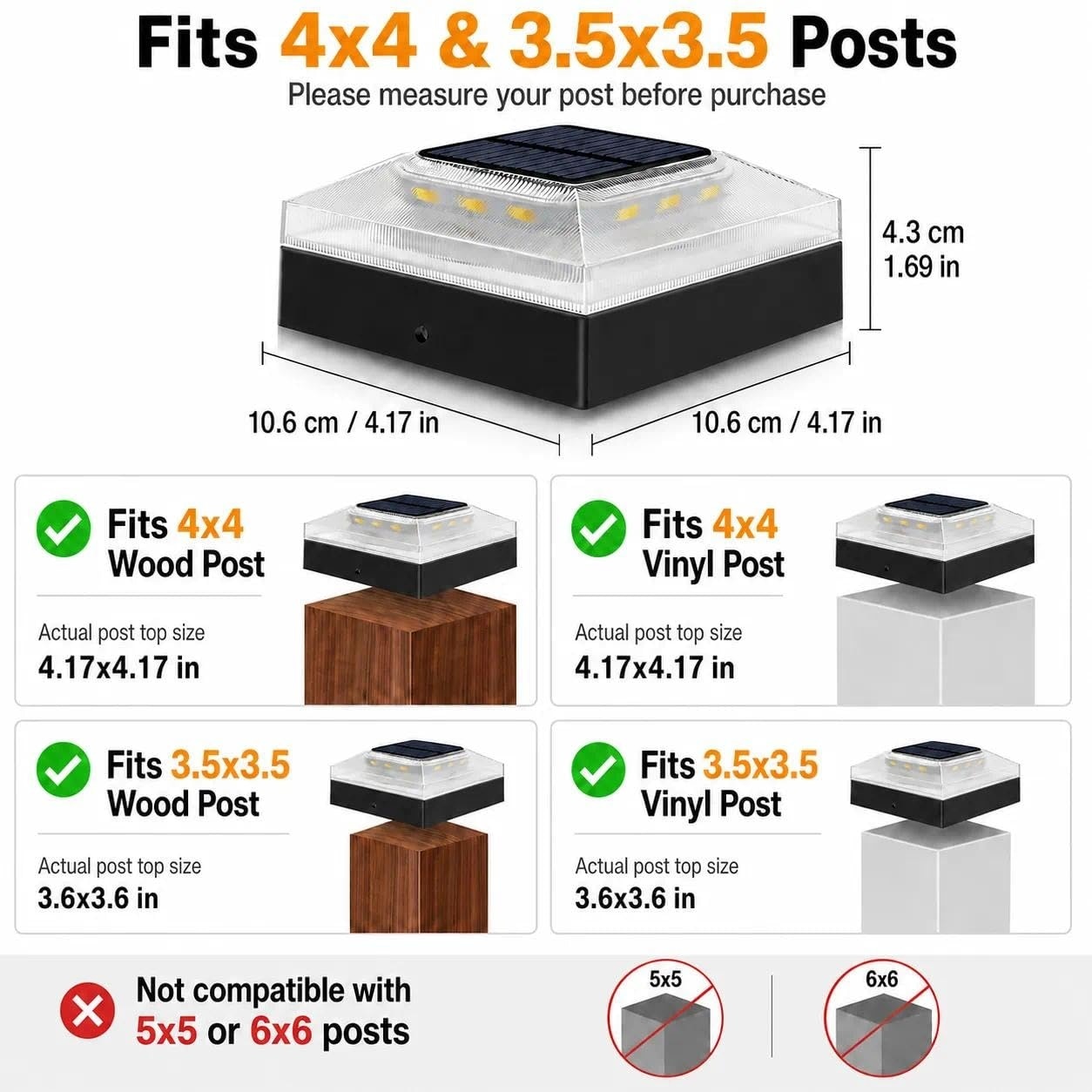 Etokfoks  Solar Post Cap Lights 2 Pack Black IP65 Waterproof 3 Color Modes Fits 4x4 Wooden Vinyl Posts Garden Deck