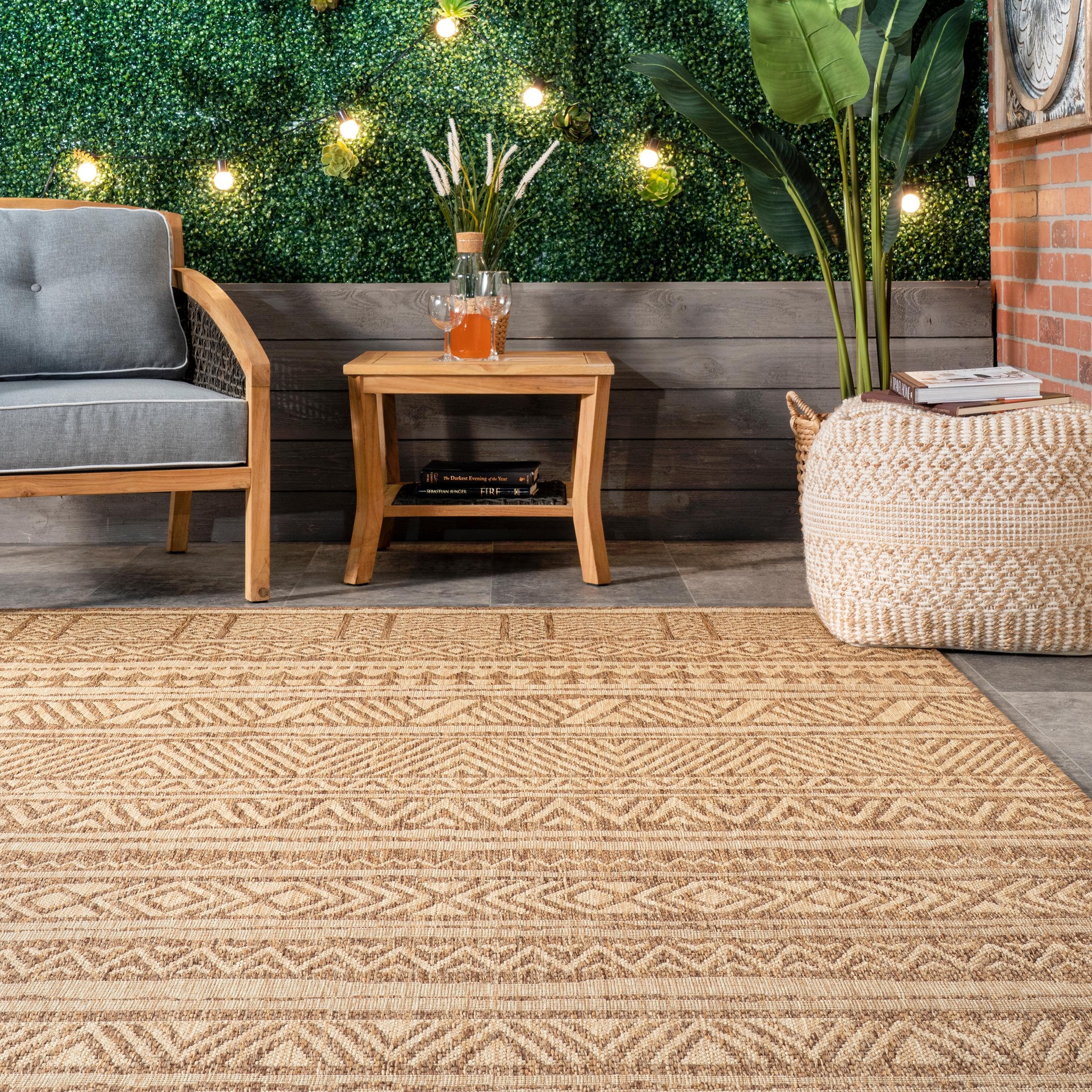Beige Synthetic Striped Indoor/Outdoor Area Rug, 2' x 8'