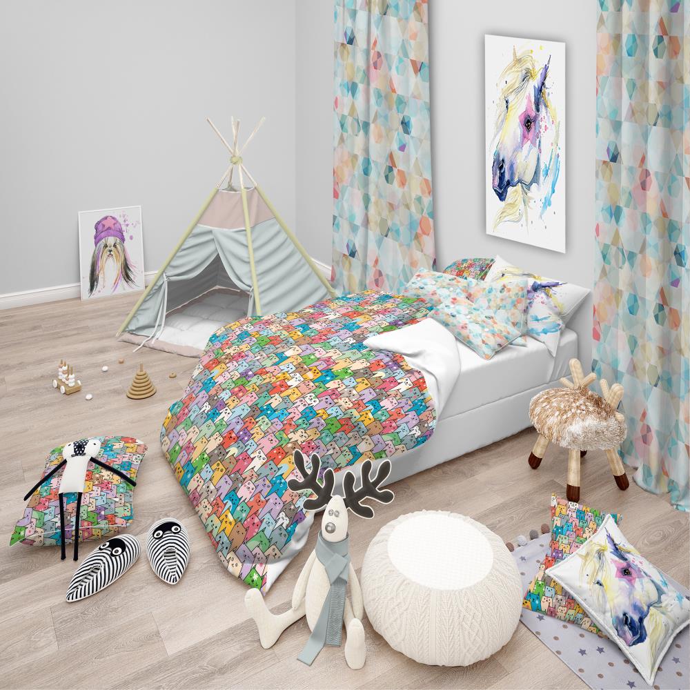 Colorful Funny Cats Pattern Kids Queen Duvet Cover Set