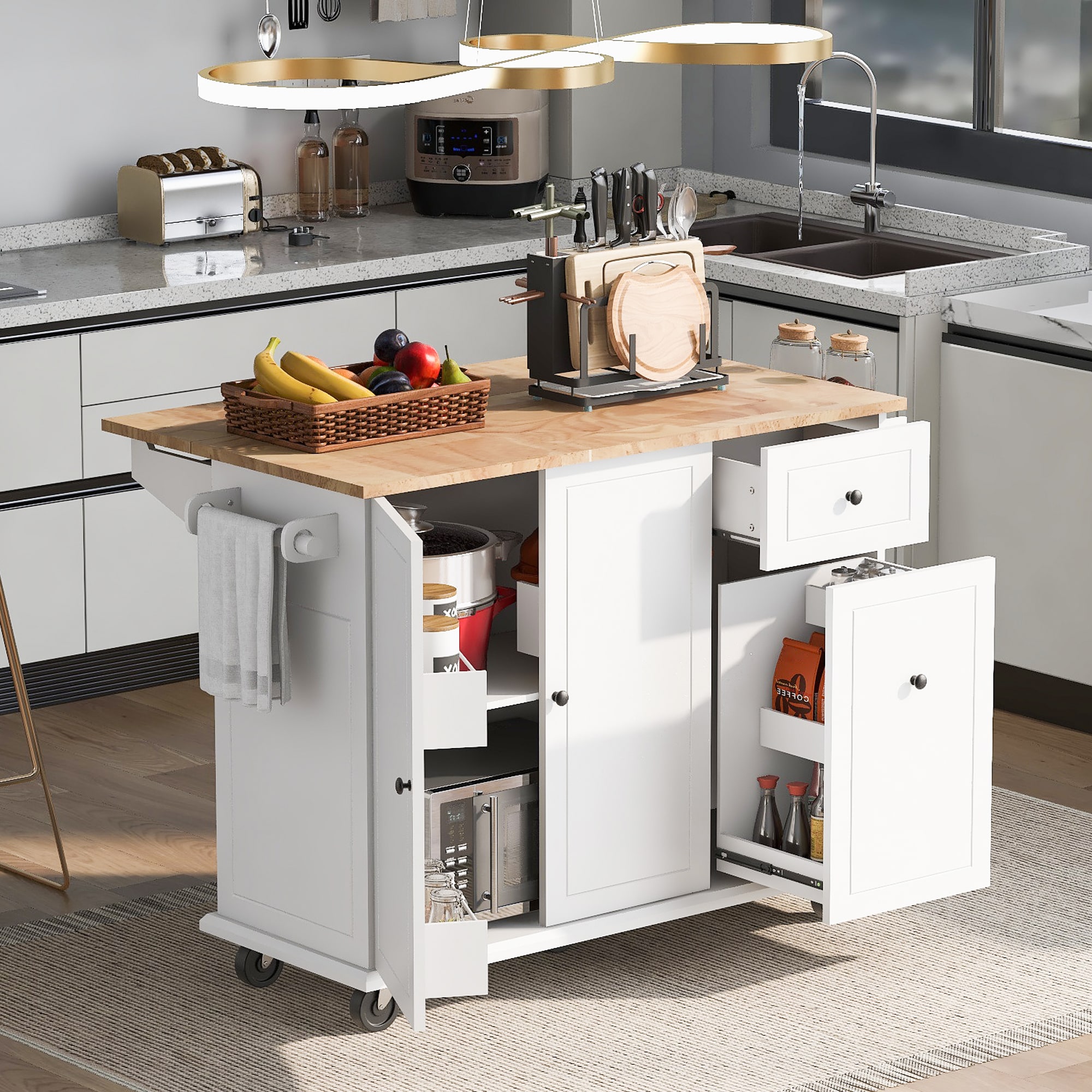 ModernLuxe L-WF312383AAW White Wood Base with Wood Wood Top Rolling Kitchen Island ( 28.74-in x 53.94-in x 36.81-in )