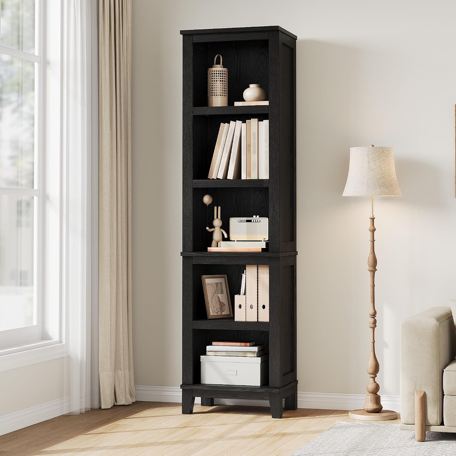 GAOMON - 5 Tier Narrow Bookcase Farmhouse Wooden Bookshelf with Adjustable Shelves for Living Roo...