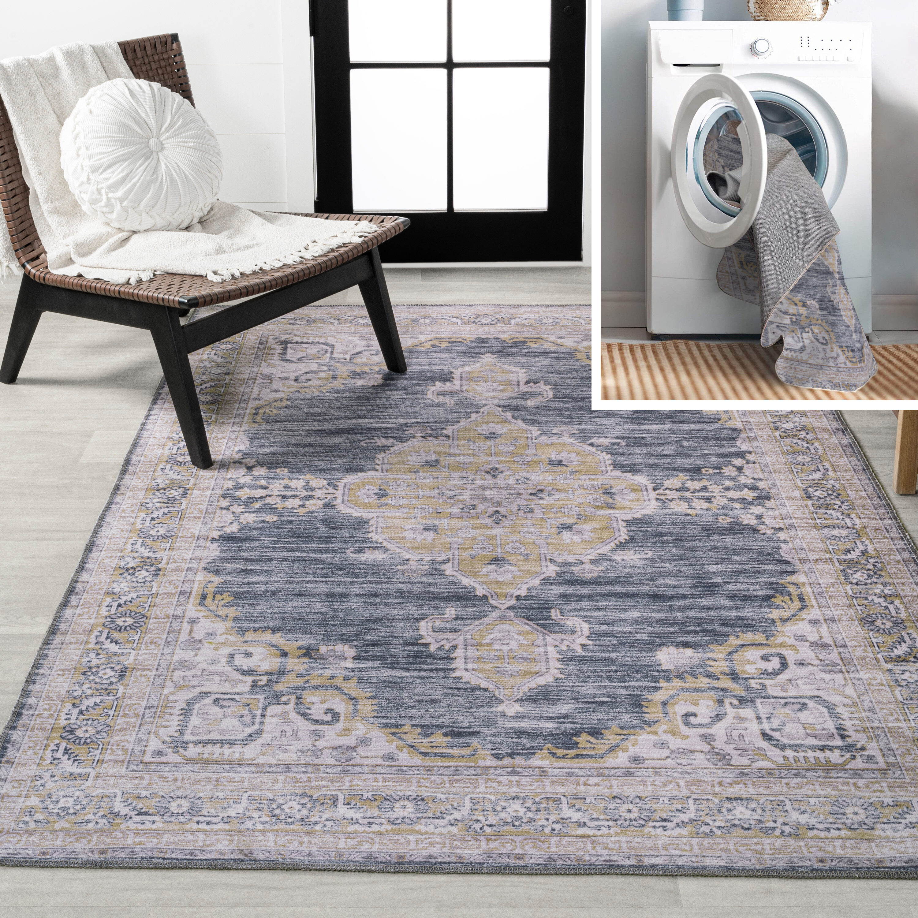 JONATHAN  Y WSH202C-4 WASHABLE Wincer Chenille Medallion 4 x 6 (ft) Loomed Chenille Dark Gray/Yellow Rectangular Indoor Medallion Farmhouse/Cottage Machine washable Area rug