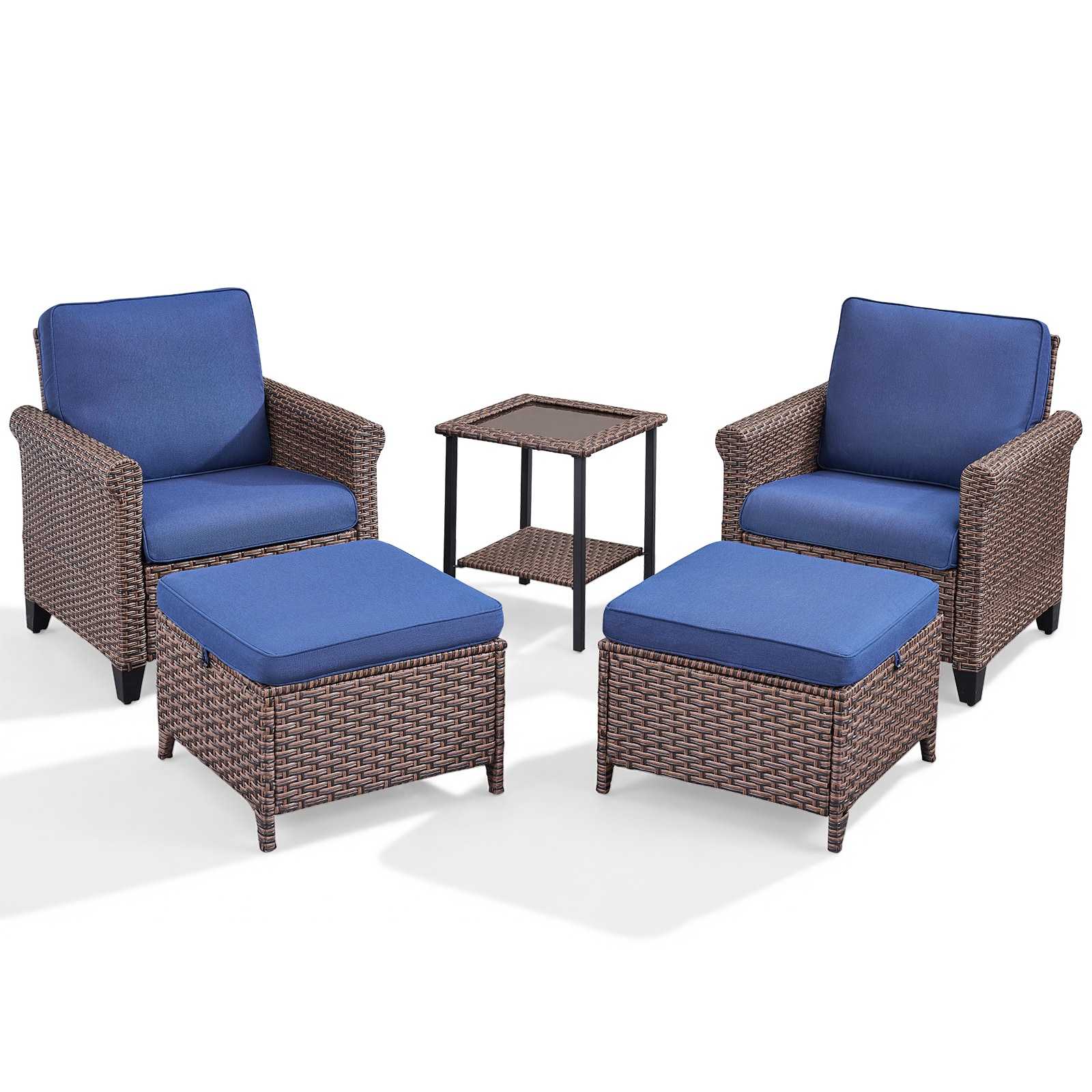 Gymojoy - 5 -Piece Wicker Patio Conversation Set with Blue Cushions Included