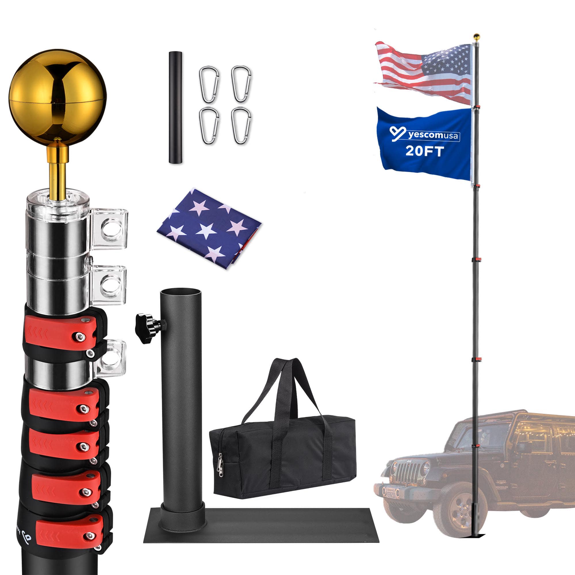 Yescom 22FLPSET032-T2006-LO EZ GO 20 FT Telescopic Flag Pole Kit Wheel Tire Mount Stand Upgrade Rotating Lock Outdoor Camper RV Tailgate Black
