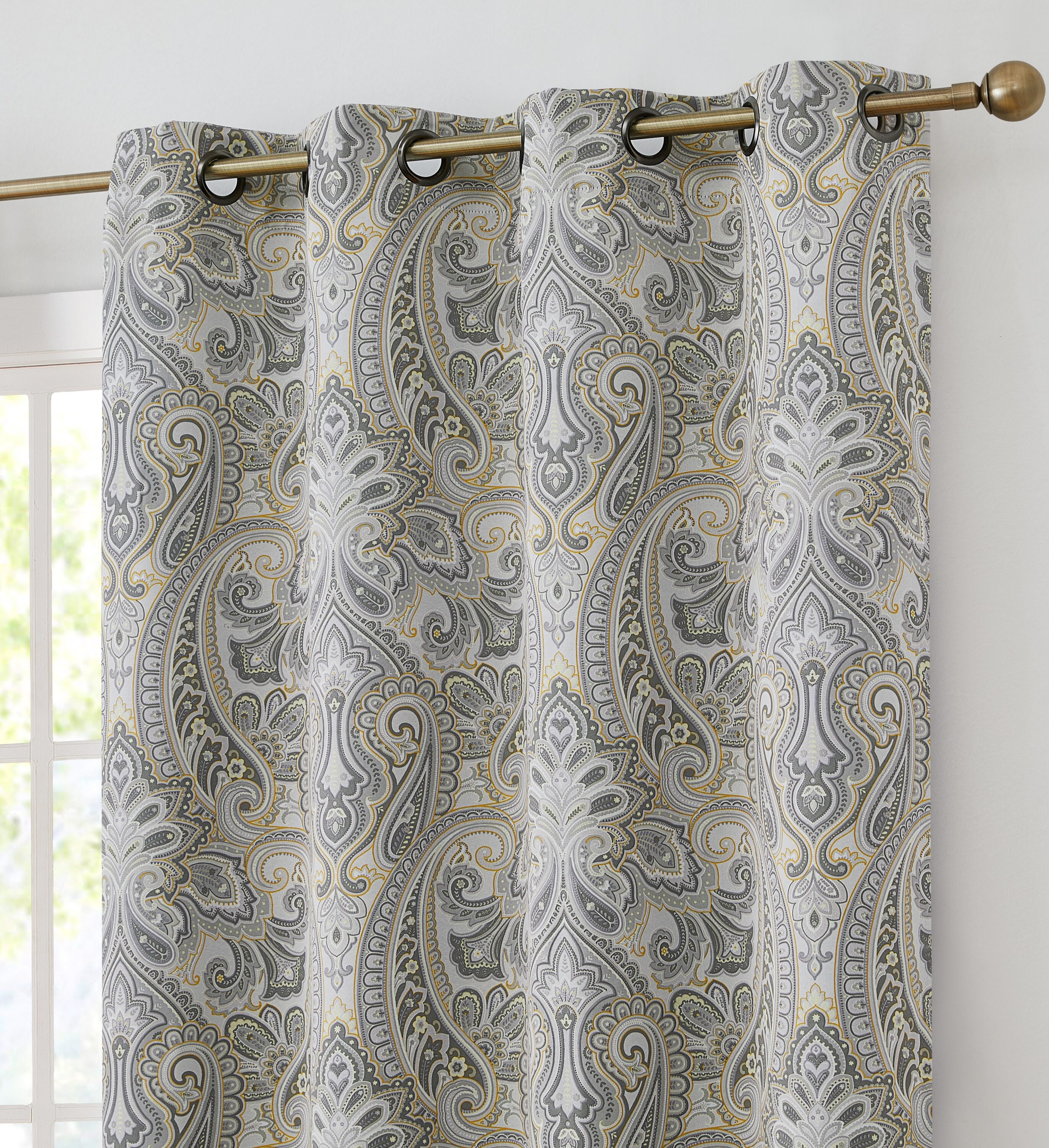 Grey Yellow Paisley Damask Blackout Grommet Window Panels
