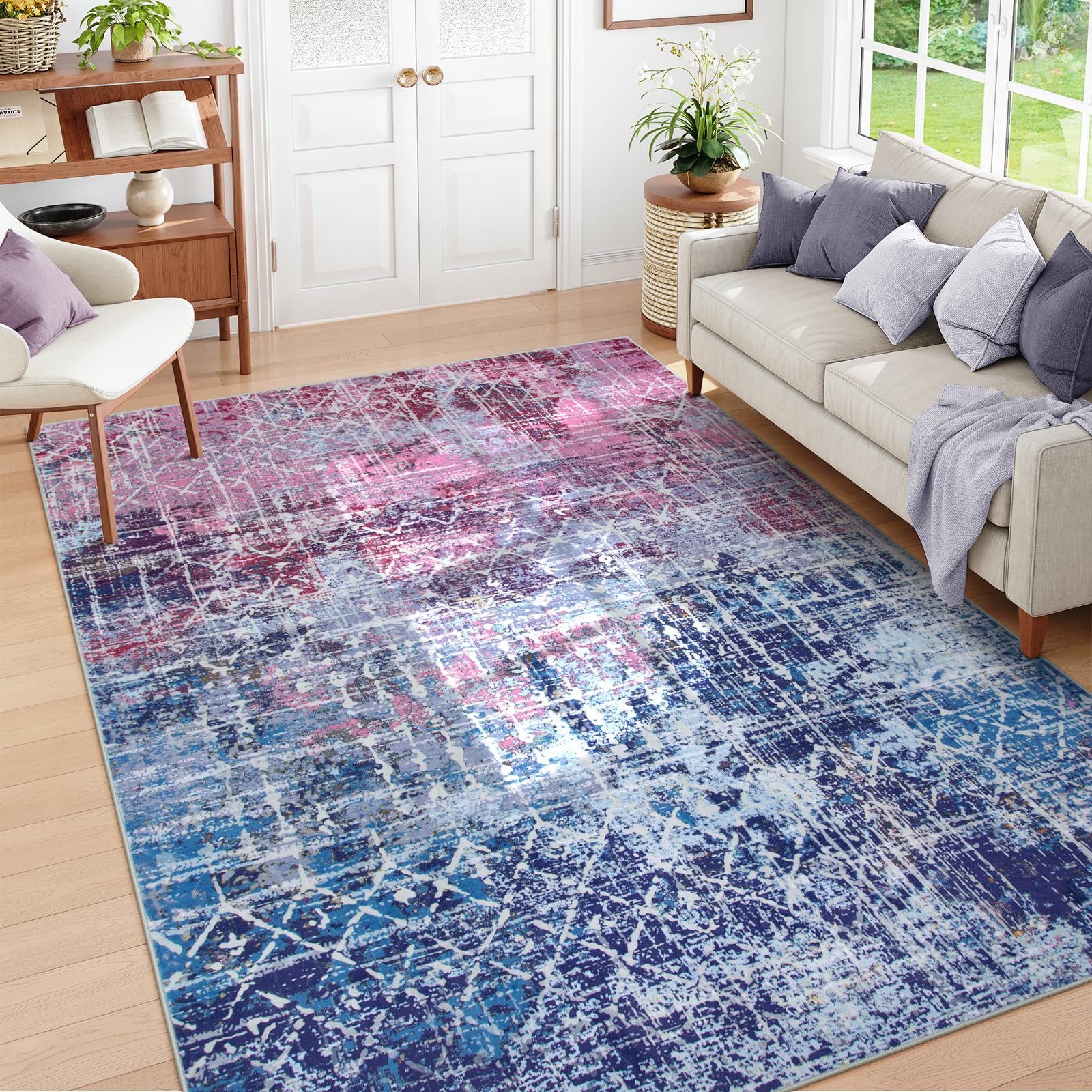 Lahome AR-DYR-393-P2 6x9(ft) Blue and Pink Short Velvet Abstract Motif Soft Rug for Living Room Bedroom or Entryway
