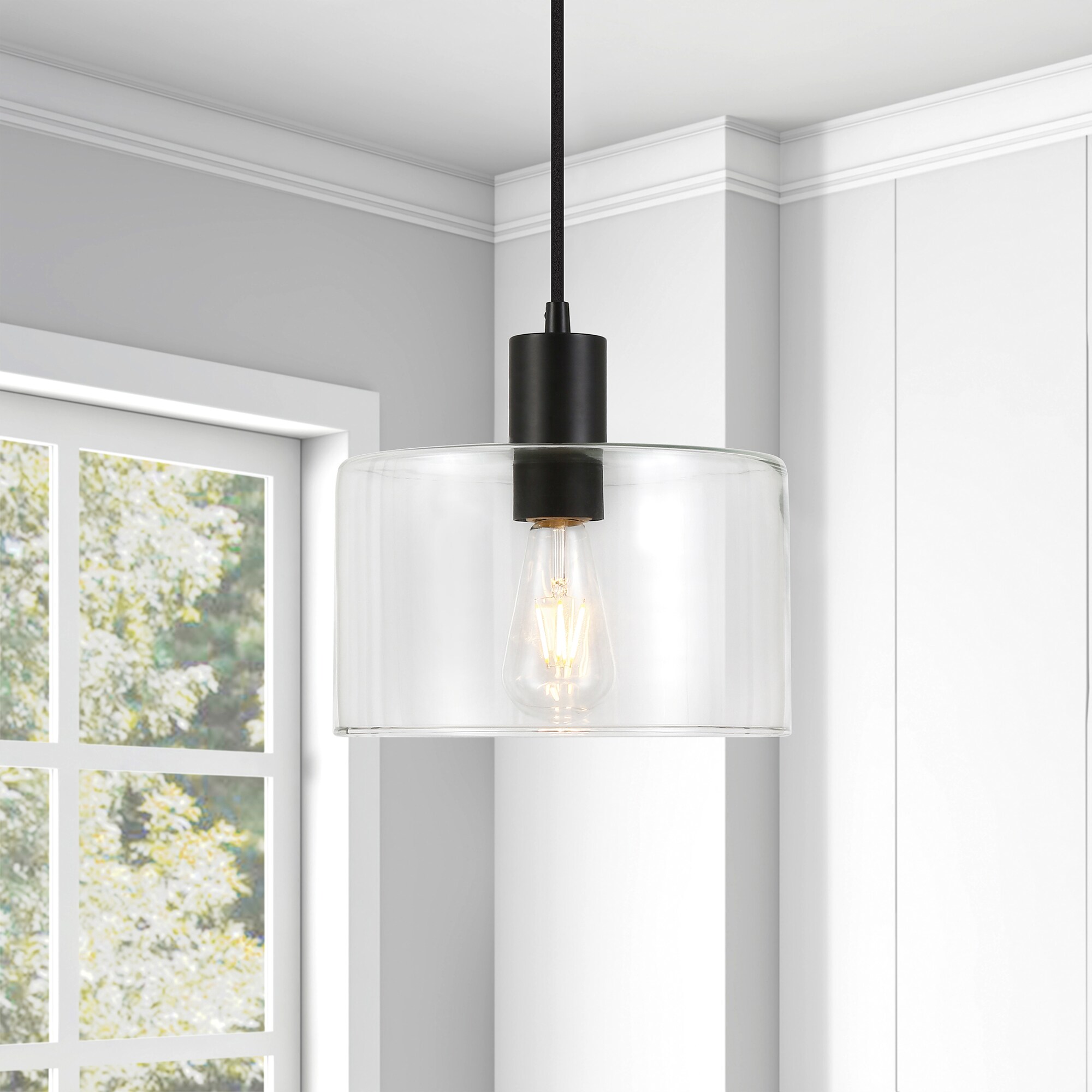 Hailey Home PD0097 Henri Blackened bronze/clear glass Traditional Clear glass Drum Medium Hanging Pendant light