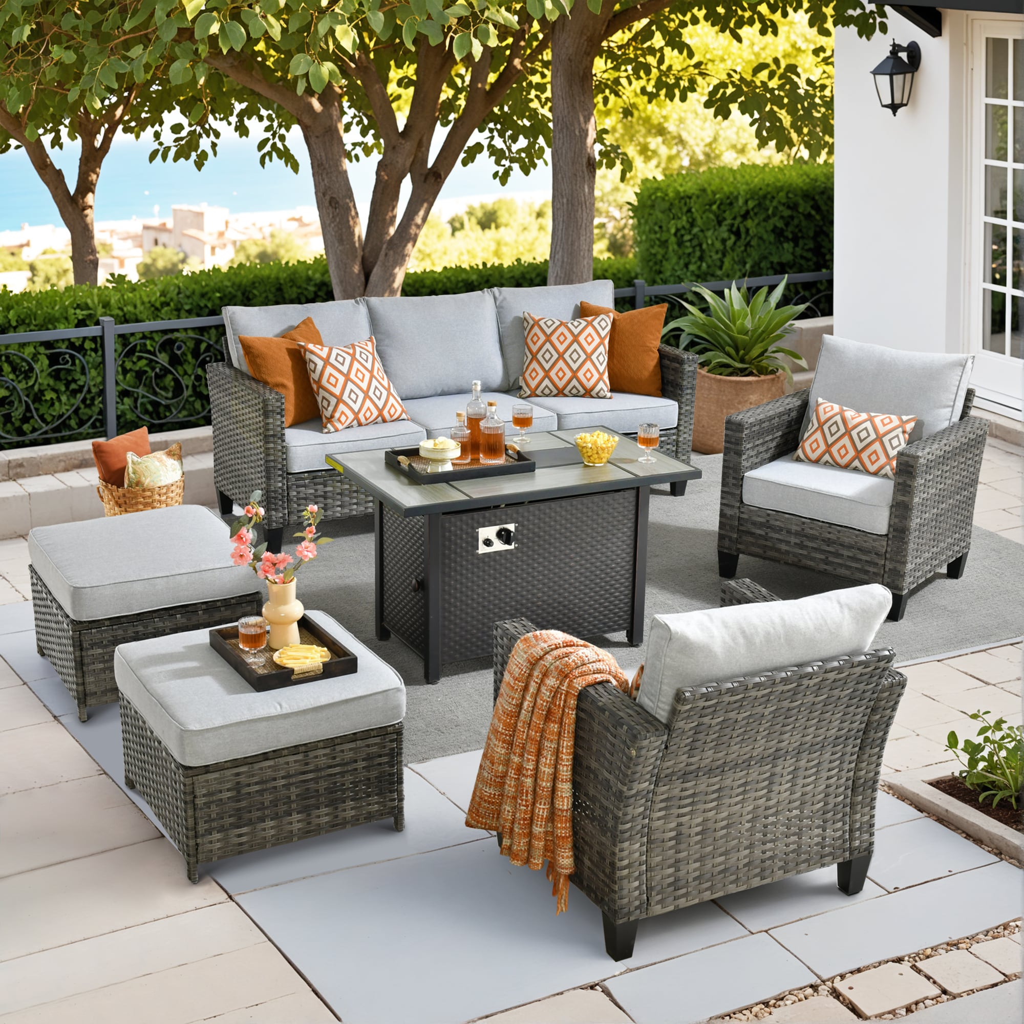Pouuin SCFPNGRS705 6 -Piece Wicker Patio Sofa Conversation Set with Light Gray Cushions