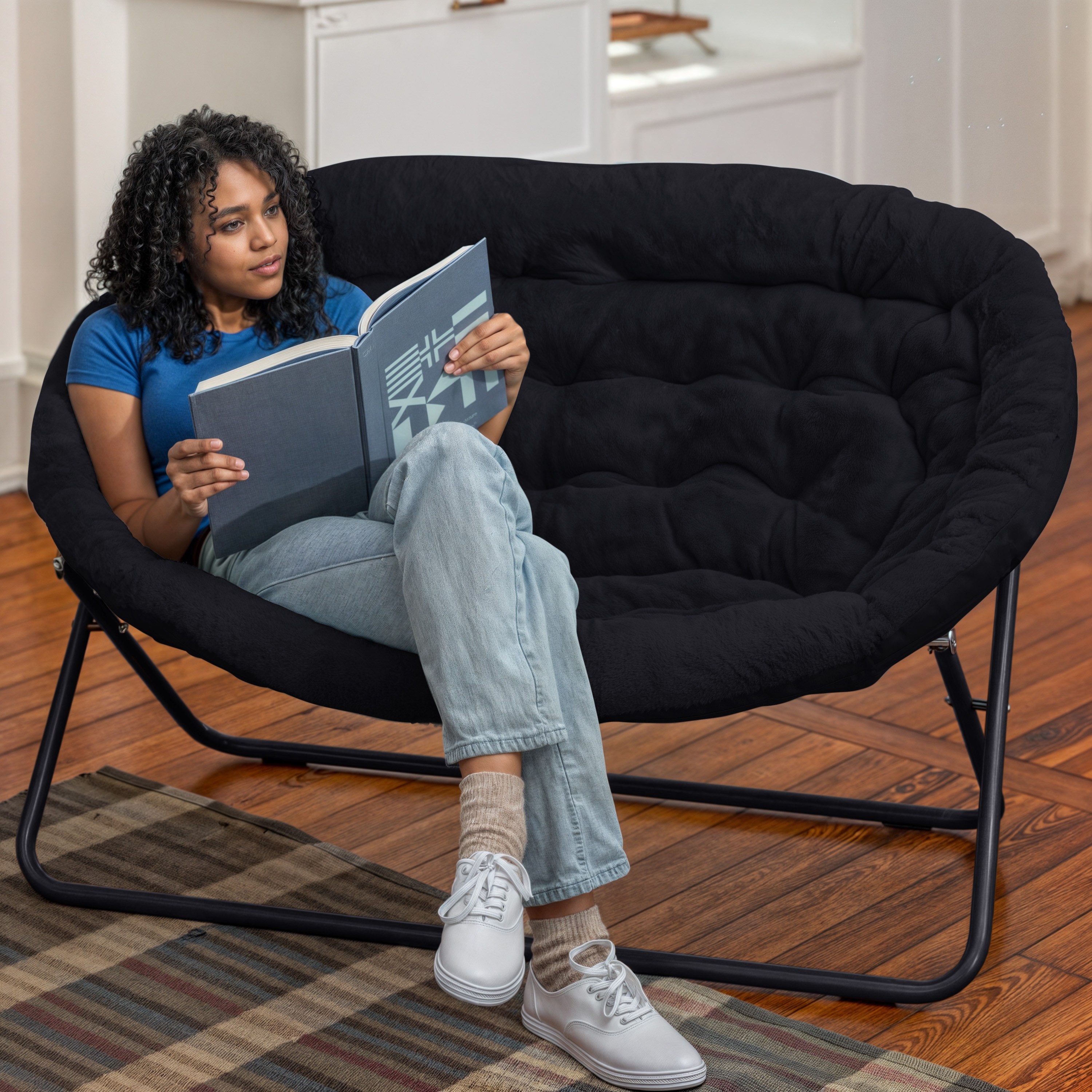 Emma + Oliver Janey Folding Double Saucer Chair in Black Faux Fur