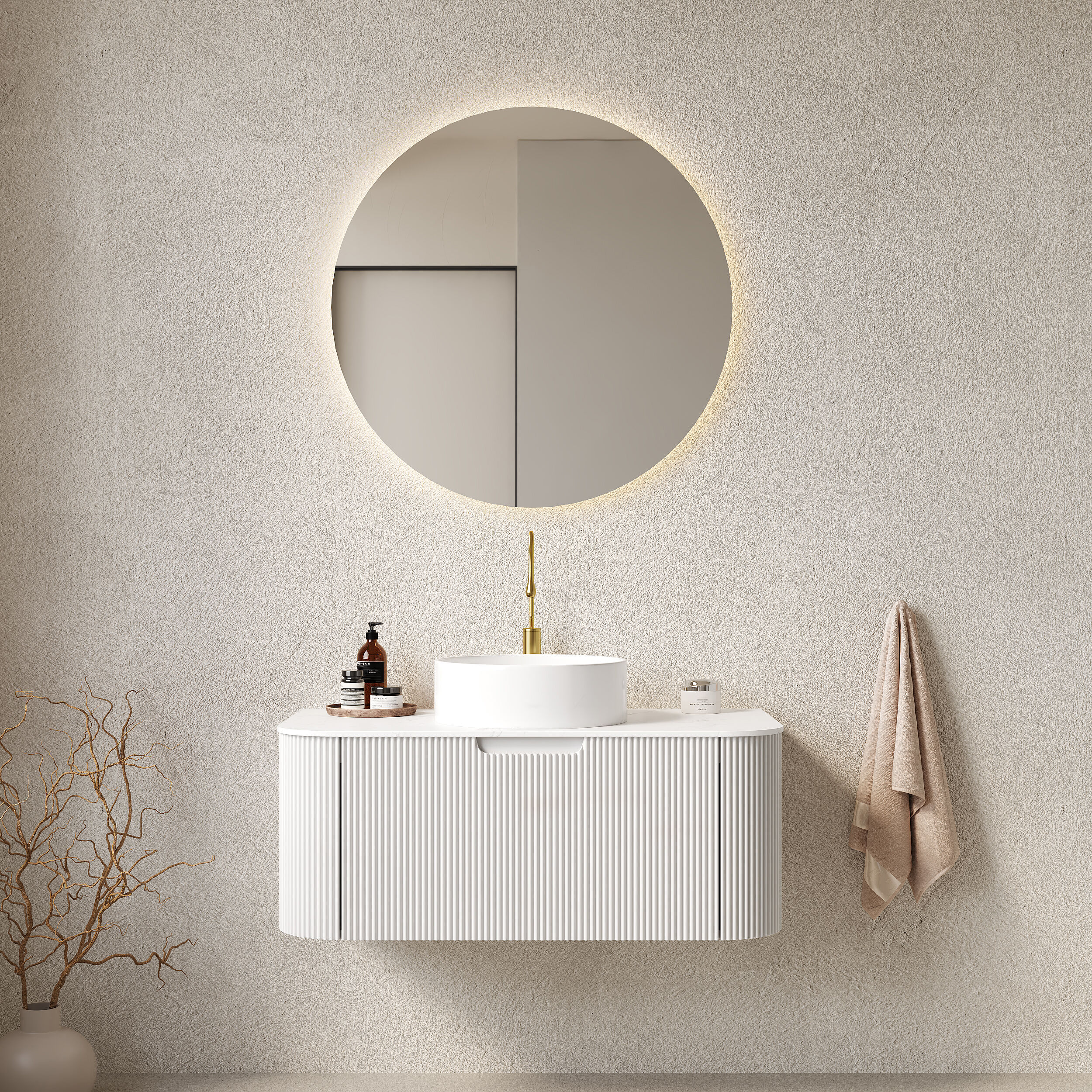 Tinyhomie 36 Inch Floating Bathroom Vanity Curved Edge Striped Cabinet ...