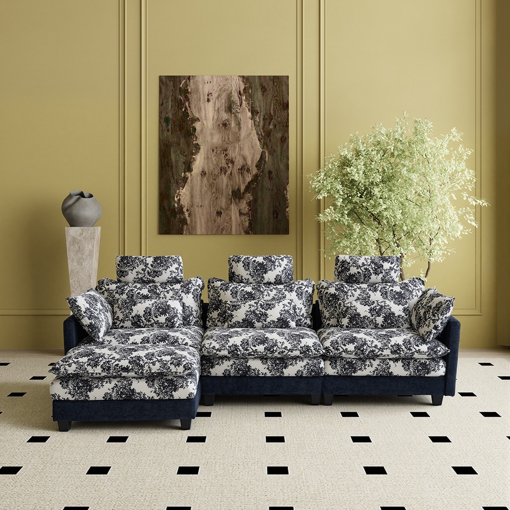 Homsee V-KF582004-01-ABC 4 Piece Blue and Black Chenille Sectional Sofa Set with Adjustable Headrests Throw Pillows and Pocket Spring Cushions for Modern Living Room Comfort