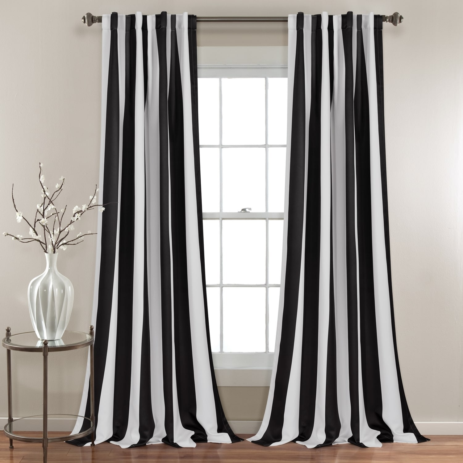 Lush Decor 108-in Black Striped Light Filtering Back Tab Curtain Panel ...