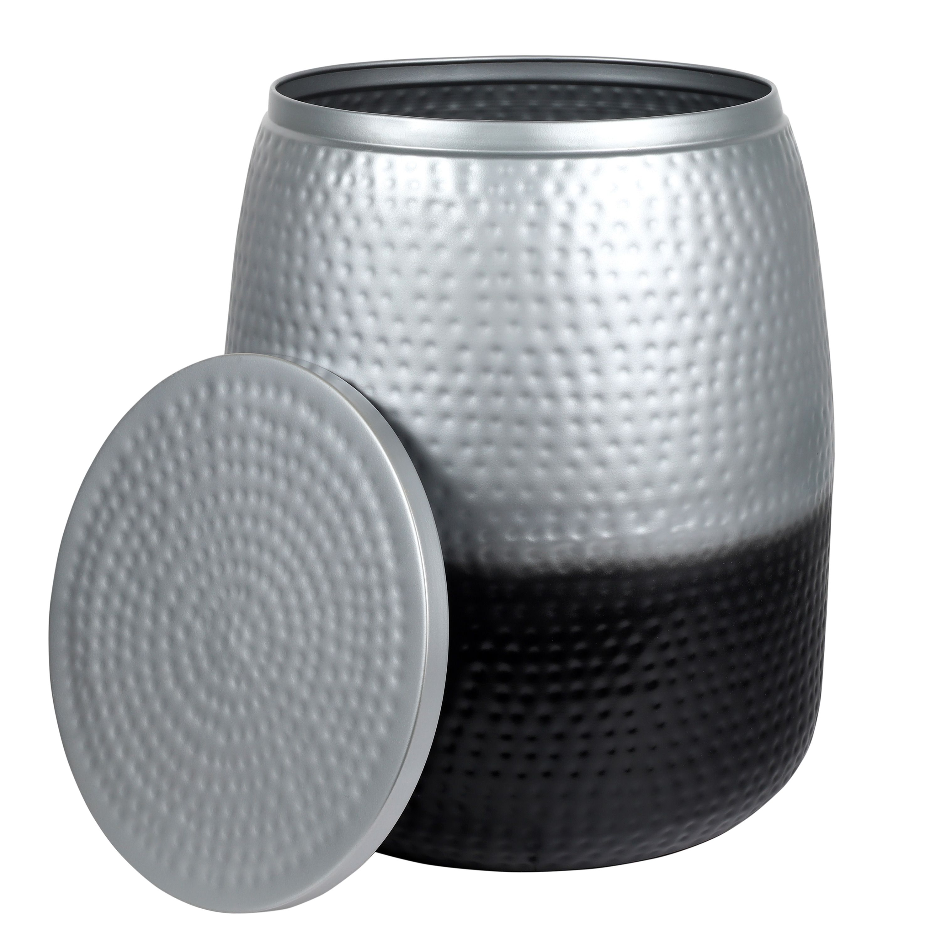 happimess - Merida 19-in. Modern Rustic Hammered Metal Drum Storage Side Table with Lid - Silver/...