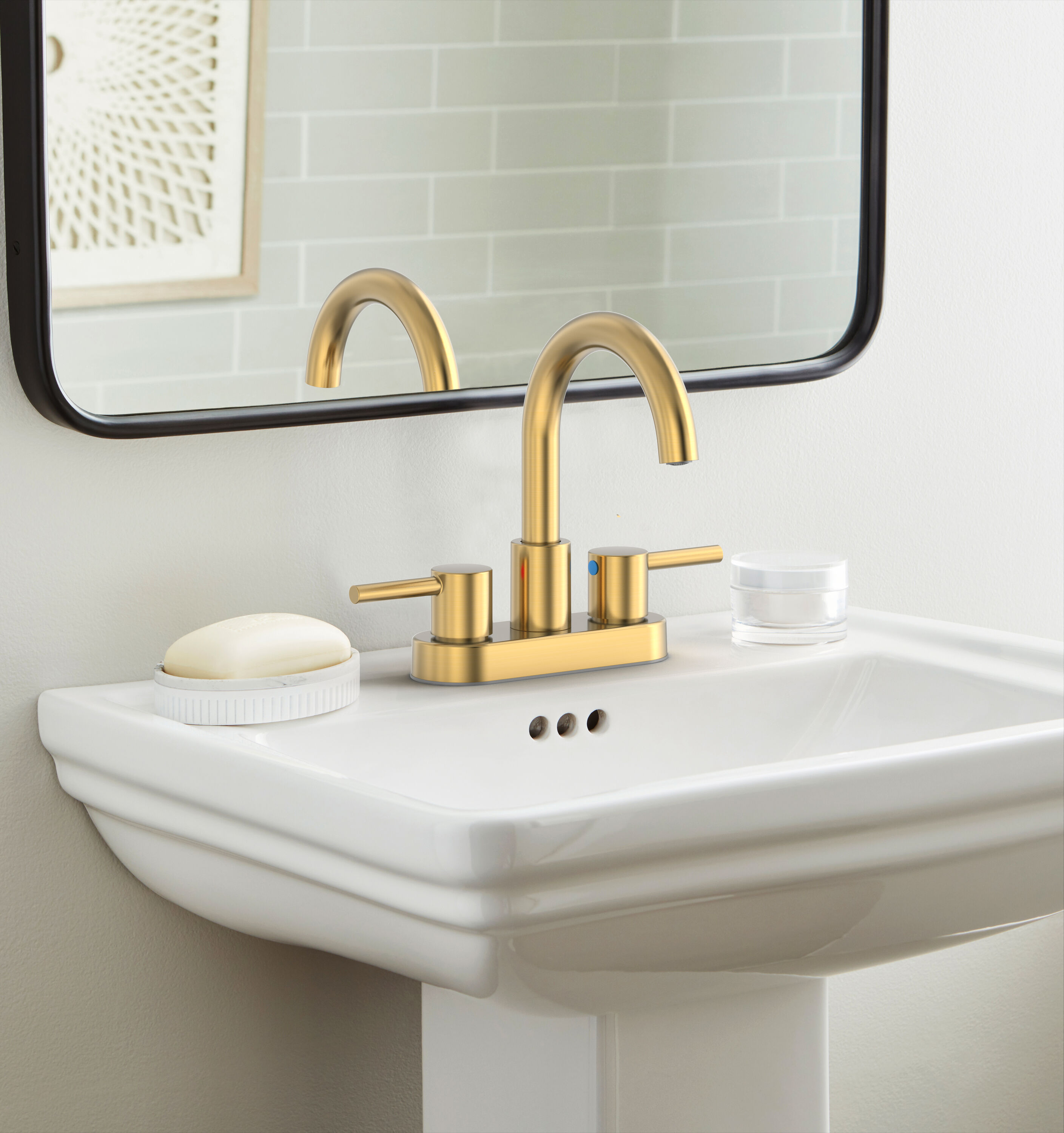 Project Source 67703W-634408 Idlewood Brushed Gold 4-in centerset 2-handle WaterSense Mid-arc Residential Handle Bathroom Sink Faucet with Drain with Deck Plate