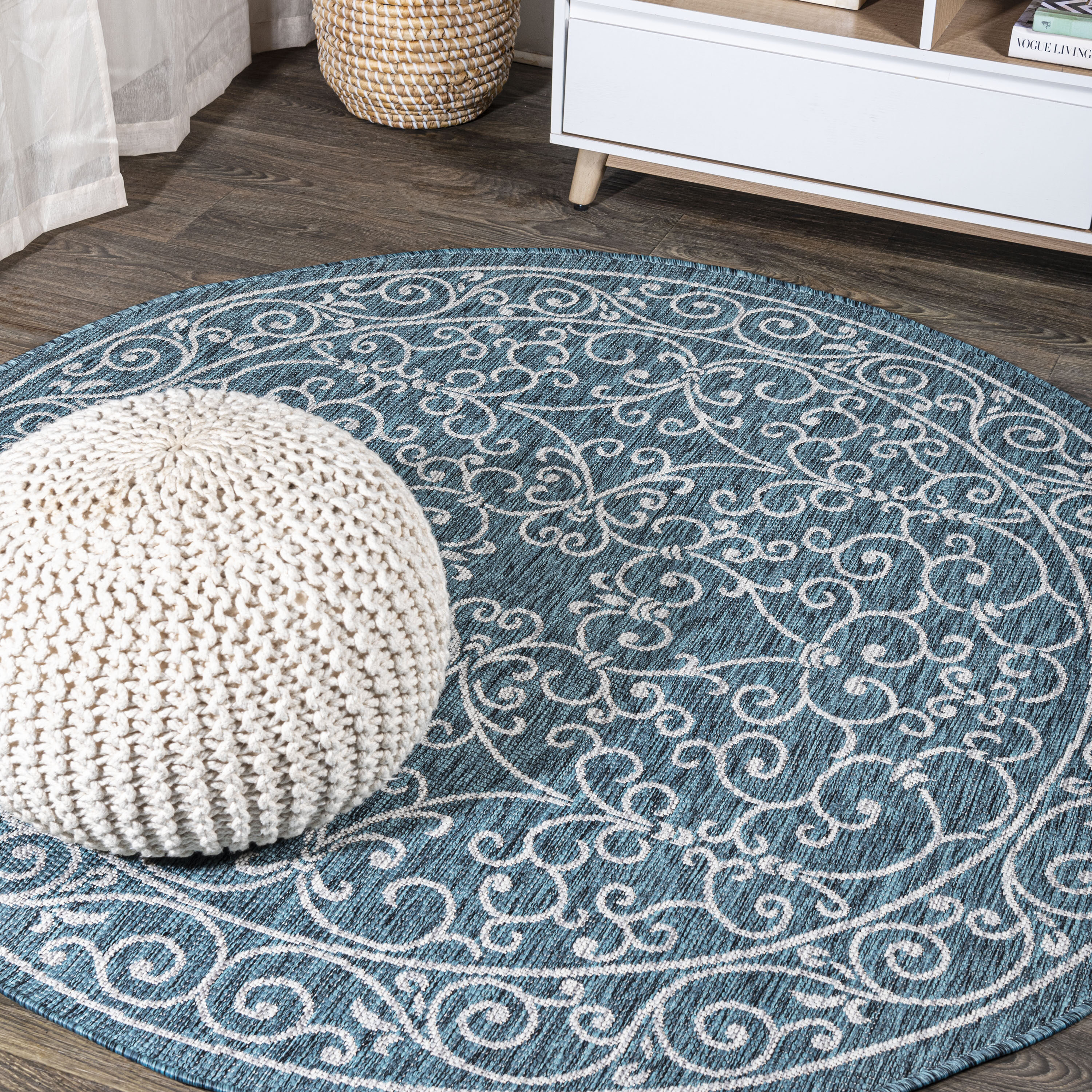 JONATHAN  Y SMB106F-8R SANTA MONICA Charleston Vintage Filigree Textured Weave 8 x 8 (ft) Polypropylene Teal/Gray Round Indoor Medallion Bohemian/Eclectic Area rug