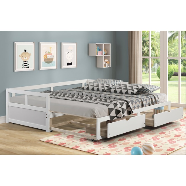 2 Drawers White Twin Bed Frame, Twin Daybed Convert To King